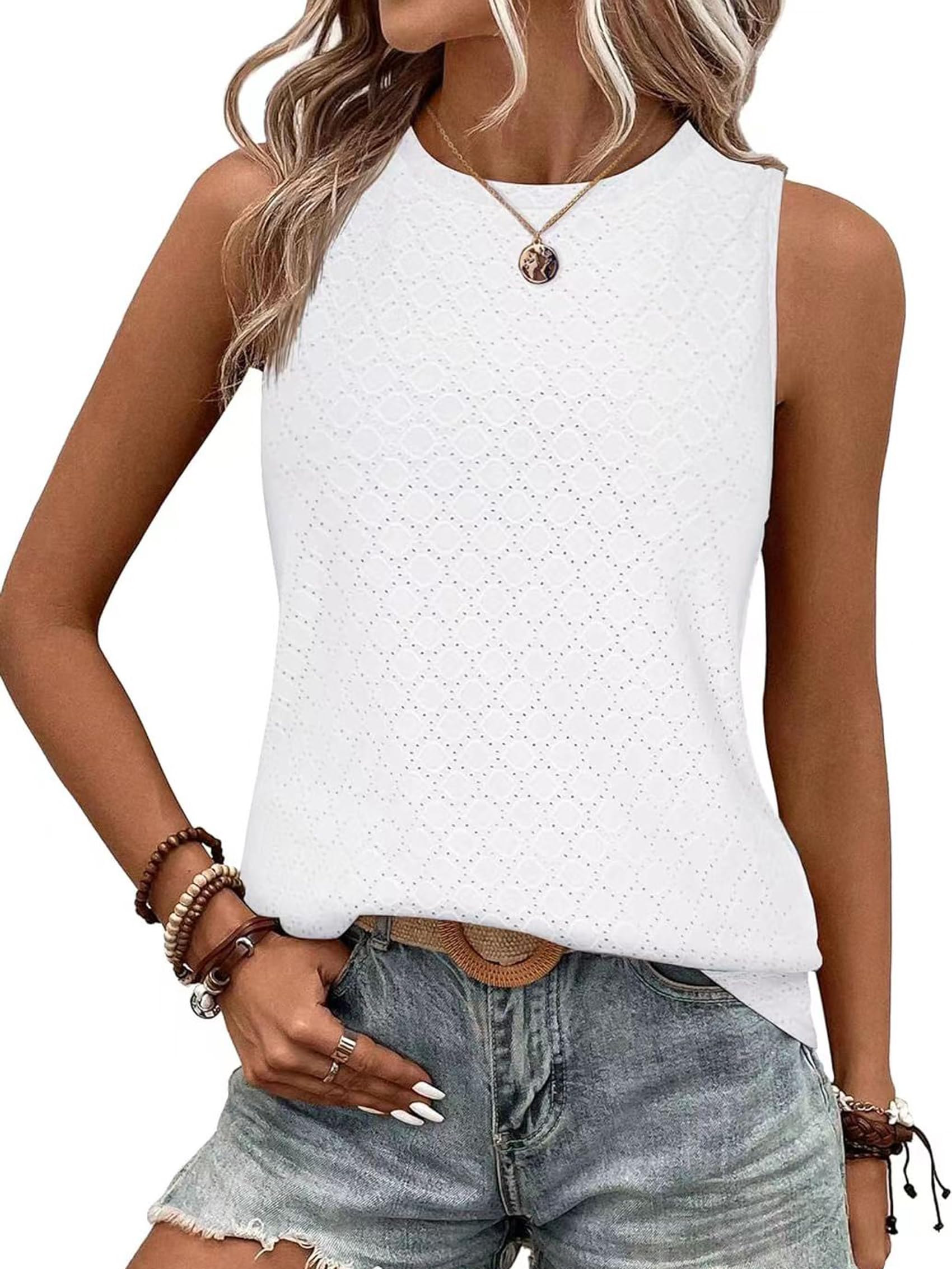 BAISHENGGT Damen Tank Tops Sommer Rundhals Ärmellos Ausgehöhlt Basic T Shirt Oberteile