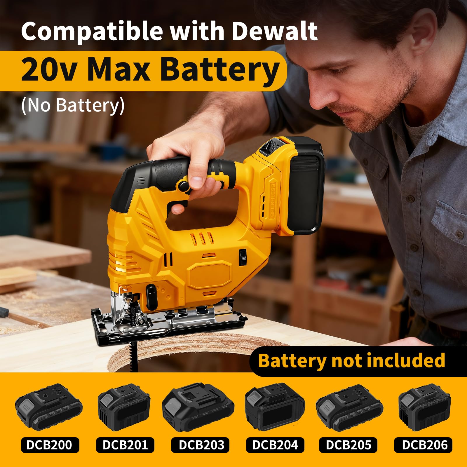 Sierra caladora compatible con batería Dewalt de 20 V (sin batería), sin escobillas, sin escobillas, con bolsa de herramientas, velocidad variable, corte biselado de 45°, 4 acciones orbitales