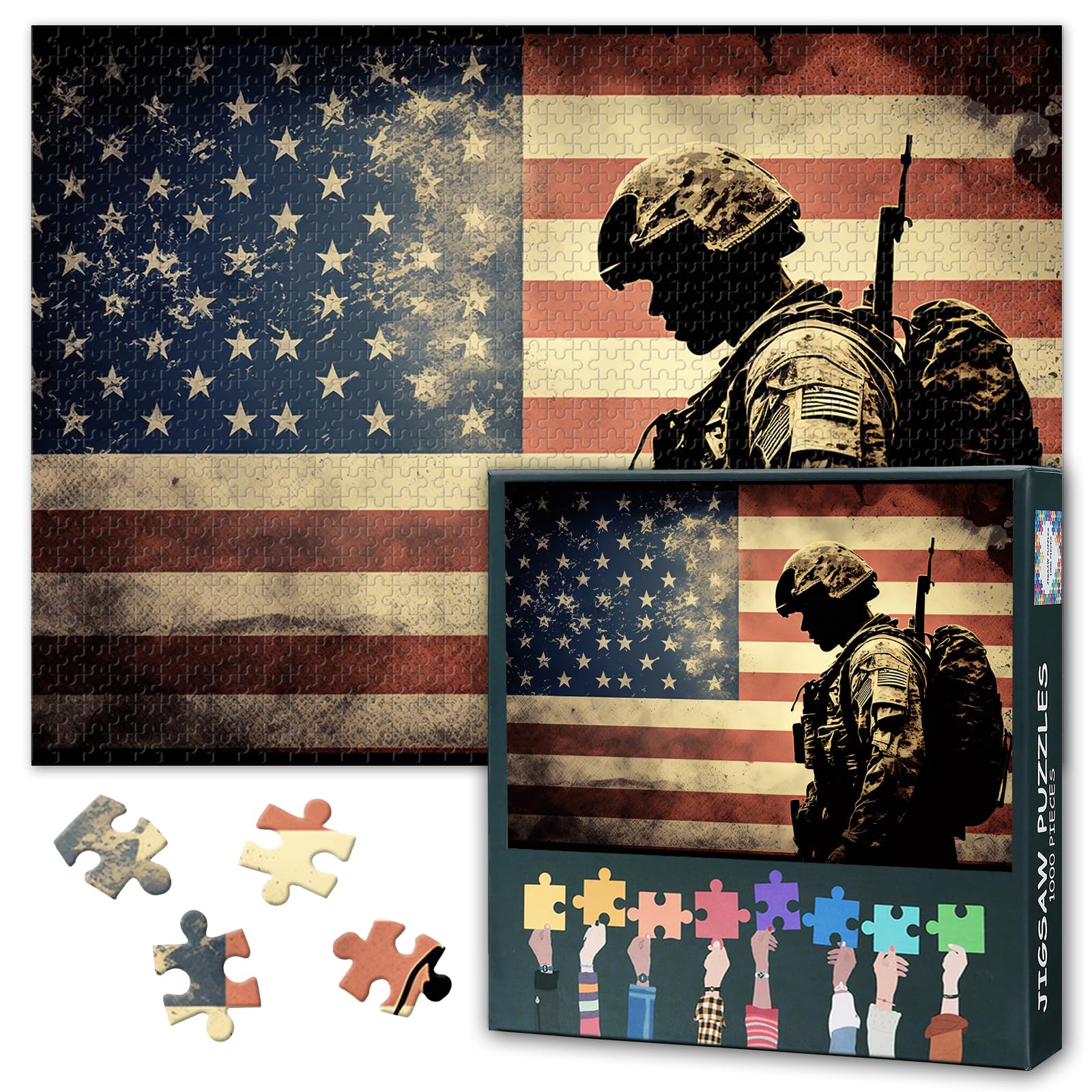 Independence Day Puzzles for Adults 1000 Pieces, American Flag and Soldiers Jigsaw Puzzles, Adult Puzzle for Adults, Educational Fun Games or Toys for Elders Friends 20X27 INCH