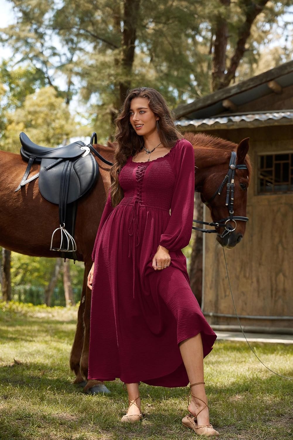 Scarlet Darkness Renaissance Dress Women Long Sleeve Cottagecore Smoked Dress with Pockets - Image 8