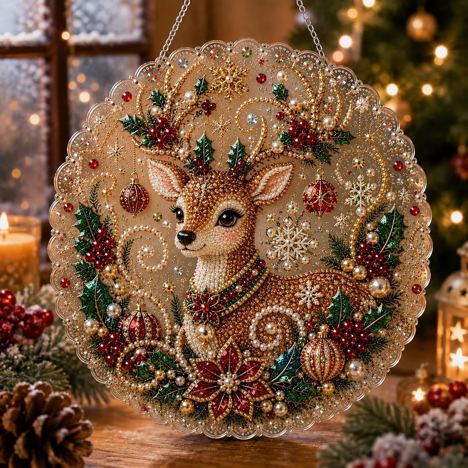 Christmas Diamond Art Kits for Adults, Suncatcher DIY Craft 3D Pearl Diamond Painting Art Kit, Pre-Assembled Metal Chain Sparkling Gem Festive Window Wall Decor