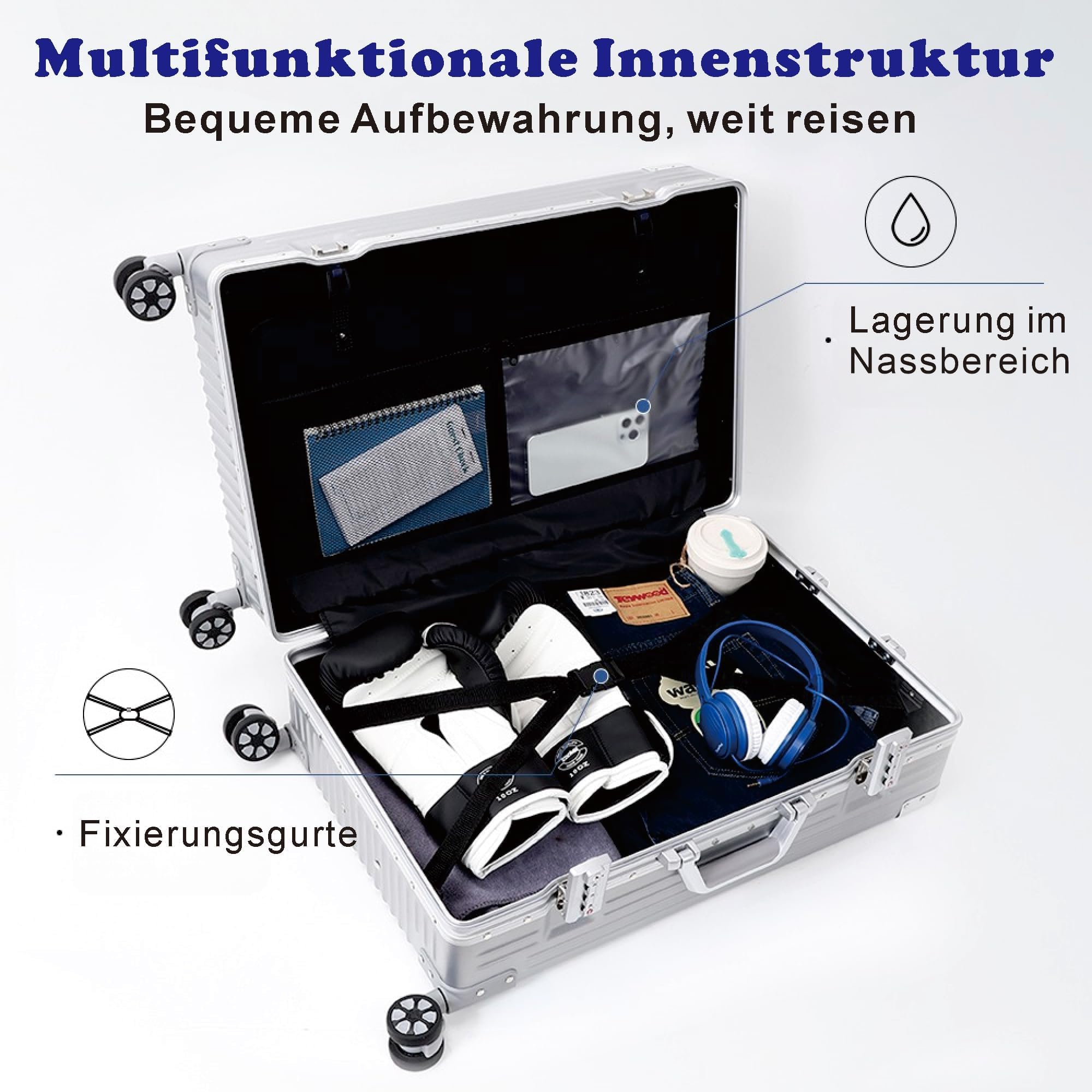 Aoliwei Aluminiumrahmen Koffer S (55cm) Handgepäck – Leichter 100% PC Hartschalen-Trolley in Metall-Optik, 35L Business Reisekoffer mit TSA, 4 leisen 360° Rollen, Schwarz