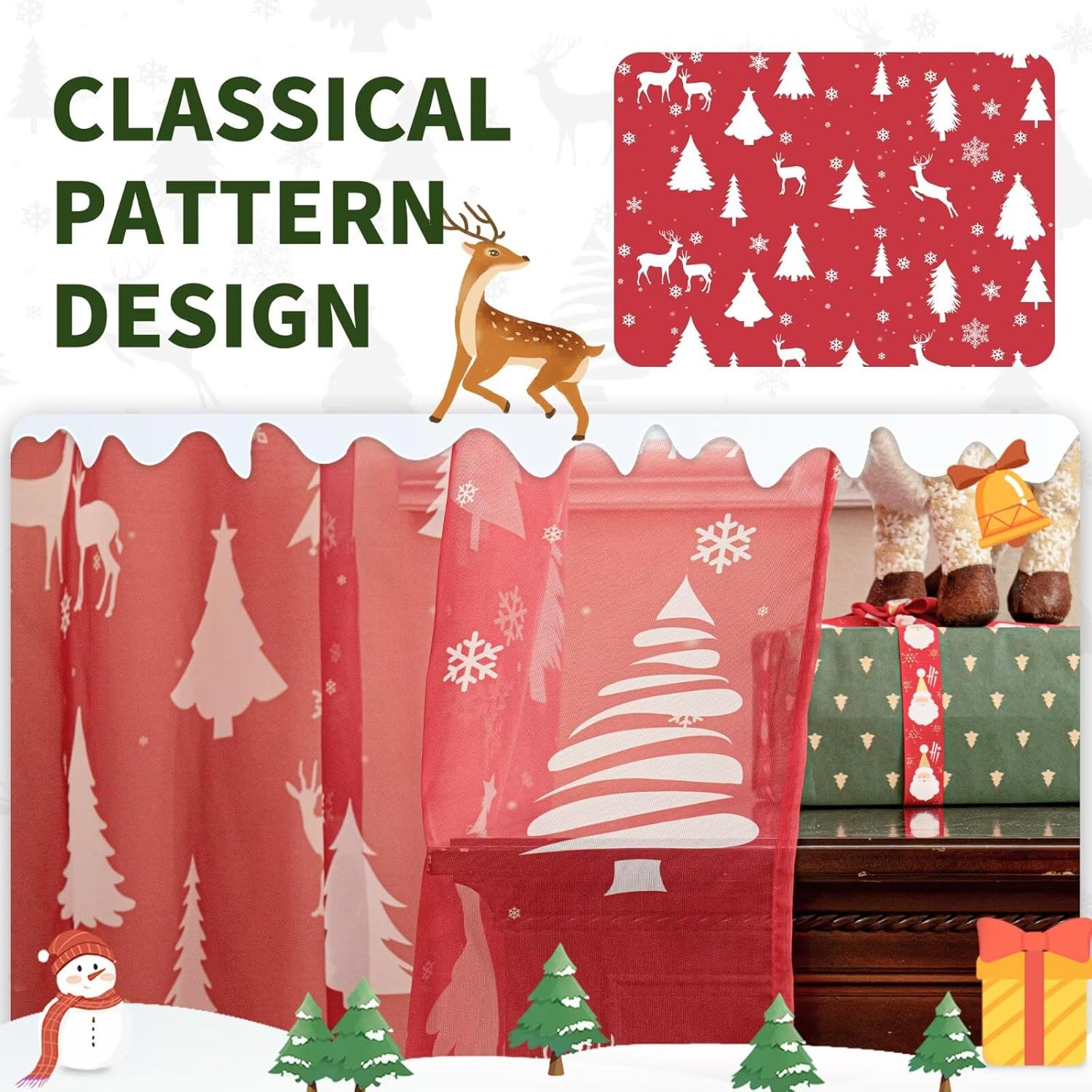 Christmas Sheer Curtains for Living Room, Xmas Print Pattern Sheer Curtain, Holiday Rod Pocket Window Drapes Decorations for Bedroom and Home Decor, 2 Panels Red 52W x 63L
