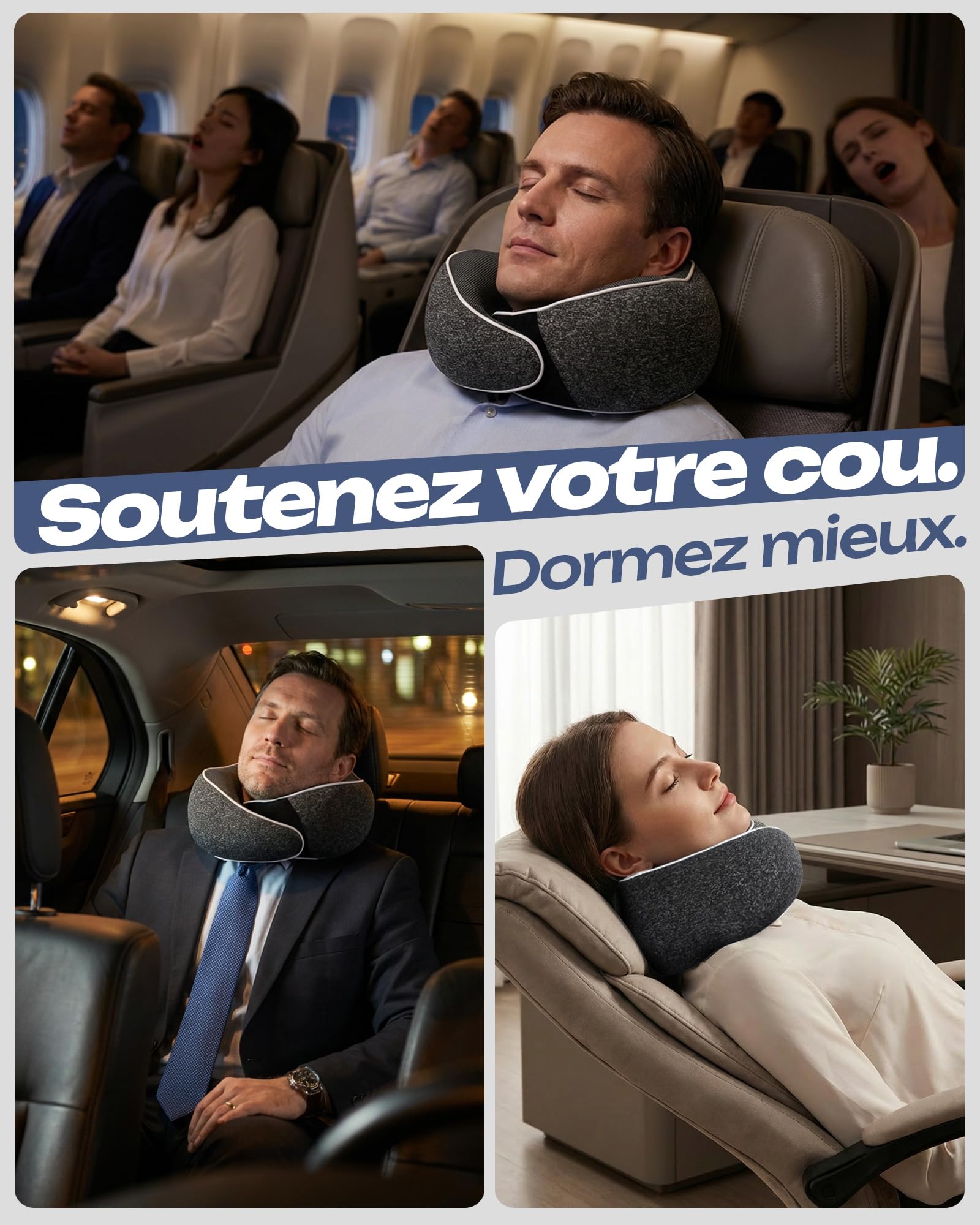 Aosun Coussin de Voyage Avion et Voiture, Oreiller de Voyage Mémoire de Forme, Tour de Cou 4 en 1 avec Masque 3D, Bouchons d’Oreilles et Étui, Coussin Cervical Compact Lavable