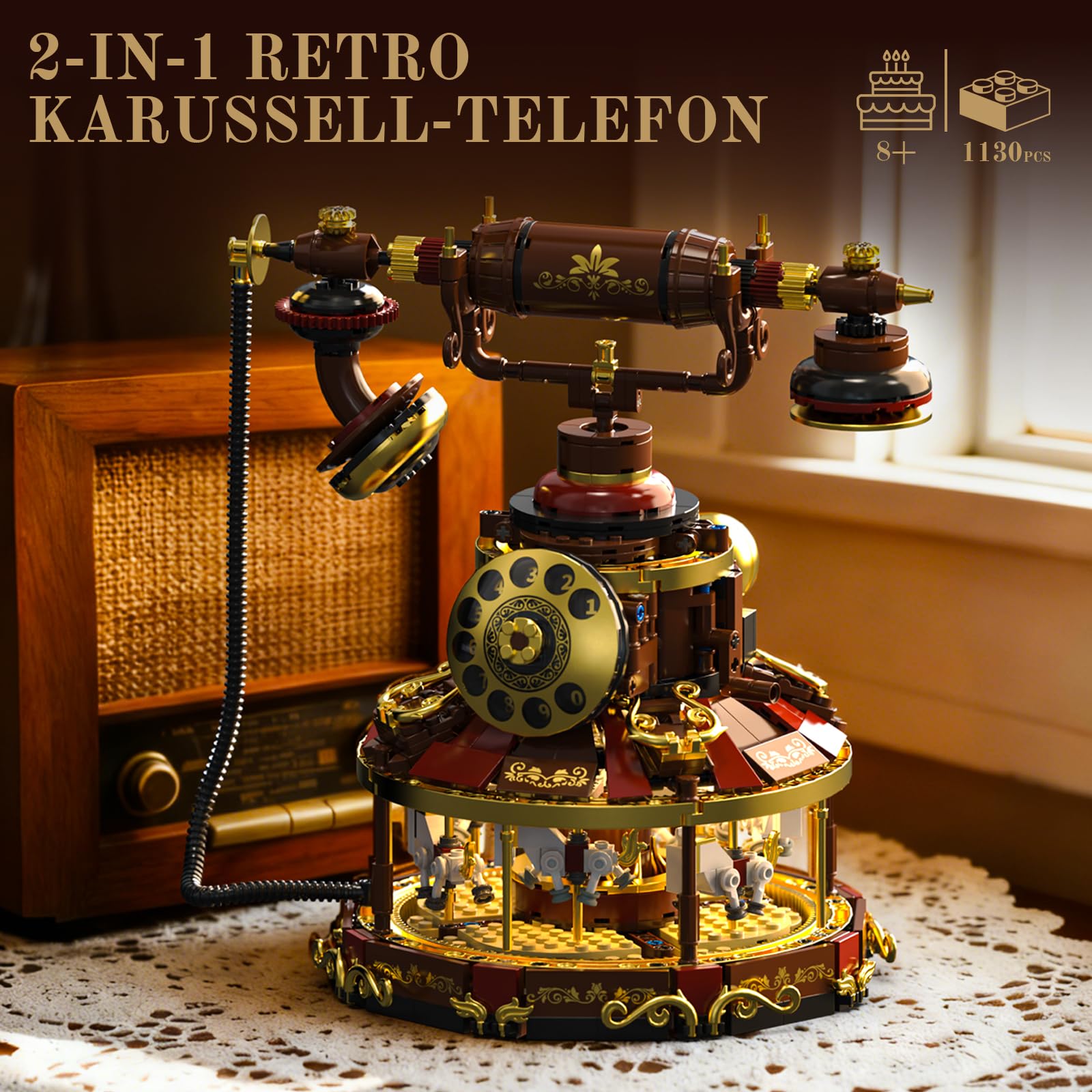 2 IN 1 Retro Telefon mit Licht, Modellbausatz Klemmbausteine für Erwachsene | 1130PCS Karussell-Baukasten, Vintage Deko, Vintage-Geschenk für Alle, Kreatives Wohnaccessoire, Sammler und Hobbyisten