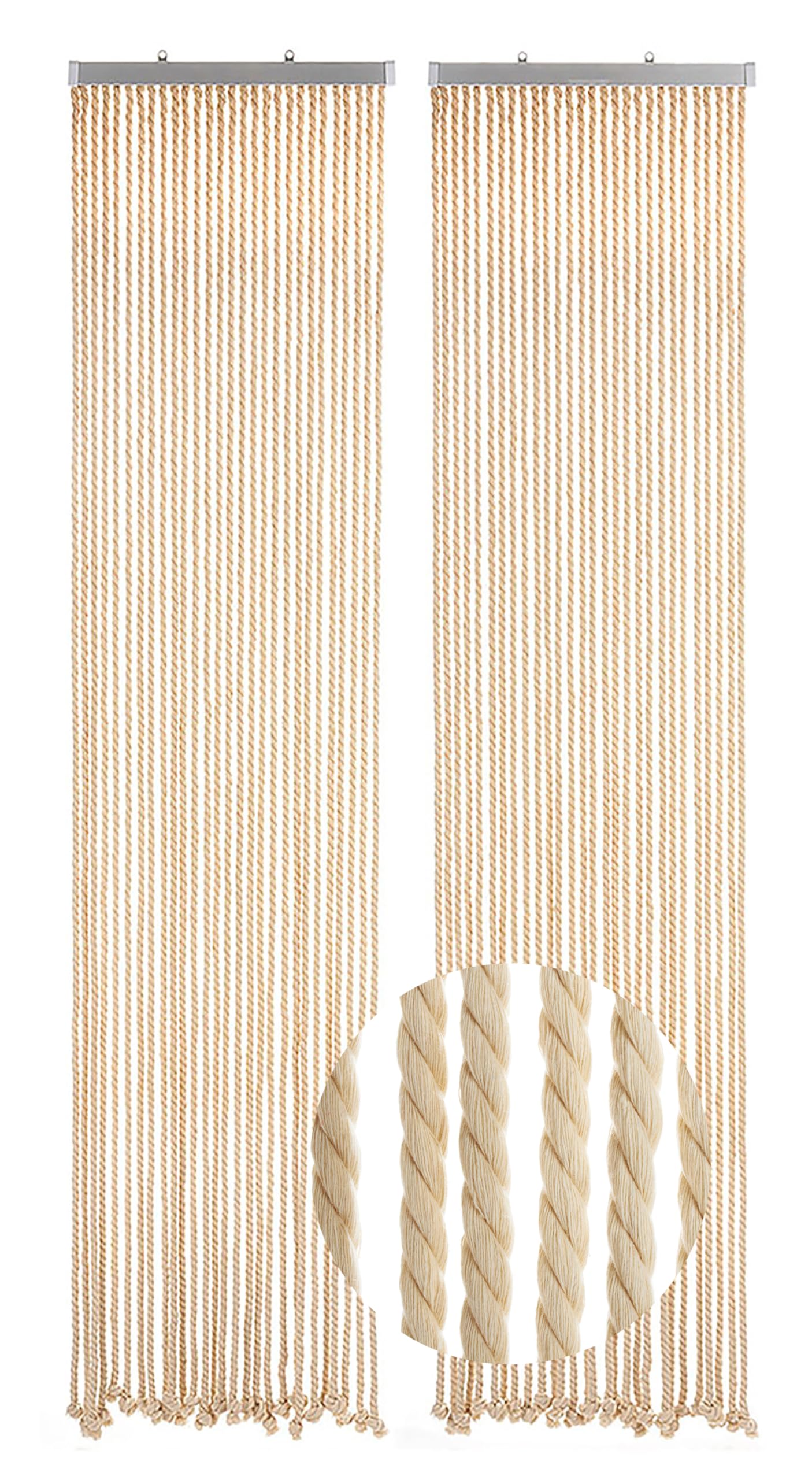 Kobolo Seilvorhang MARITIM, 90x195/200 cm, 56 Stränge, beige, mit Zweiteiliger Aluleiste – dekorativer Fliegenvorhang als Sichtschutz oder Türvorhang für Balkon und Terrasse