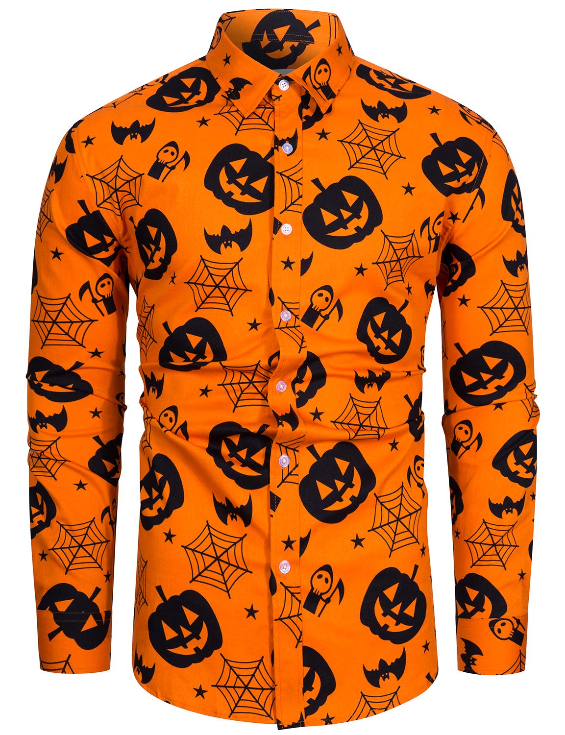 Fohemr Men's 06Orange Halloween Shirts Ugly Pumpkin Bat Print Long Sleeve Button Down Casual Jack-O-Lantern Spider Costume Dress Shirt Theme Party Orange Large