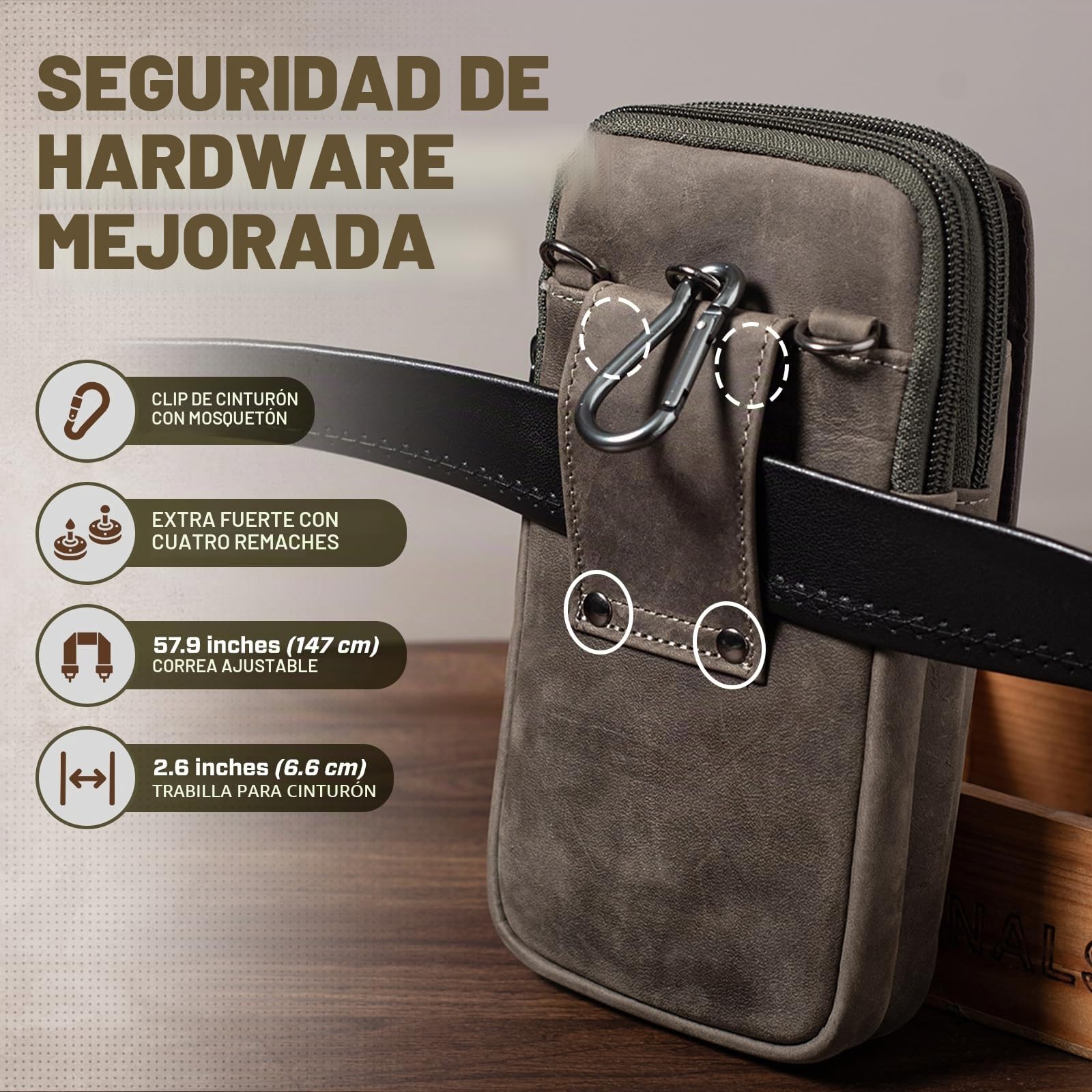 Cuero Genuino Bolsa para móvil, Bolsa de Cinturón, Funda Movil Cinturon para Hombre, Fundón de Teléfono, Bolso Cintura con Presilla (Grey)