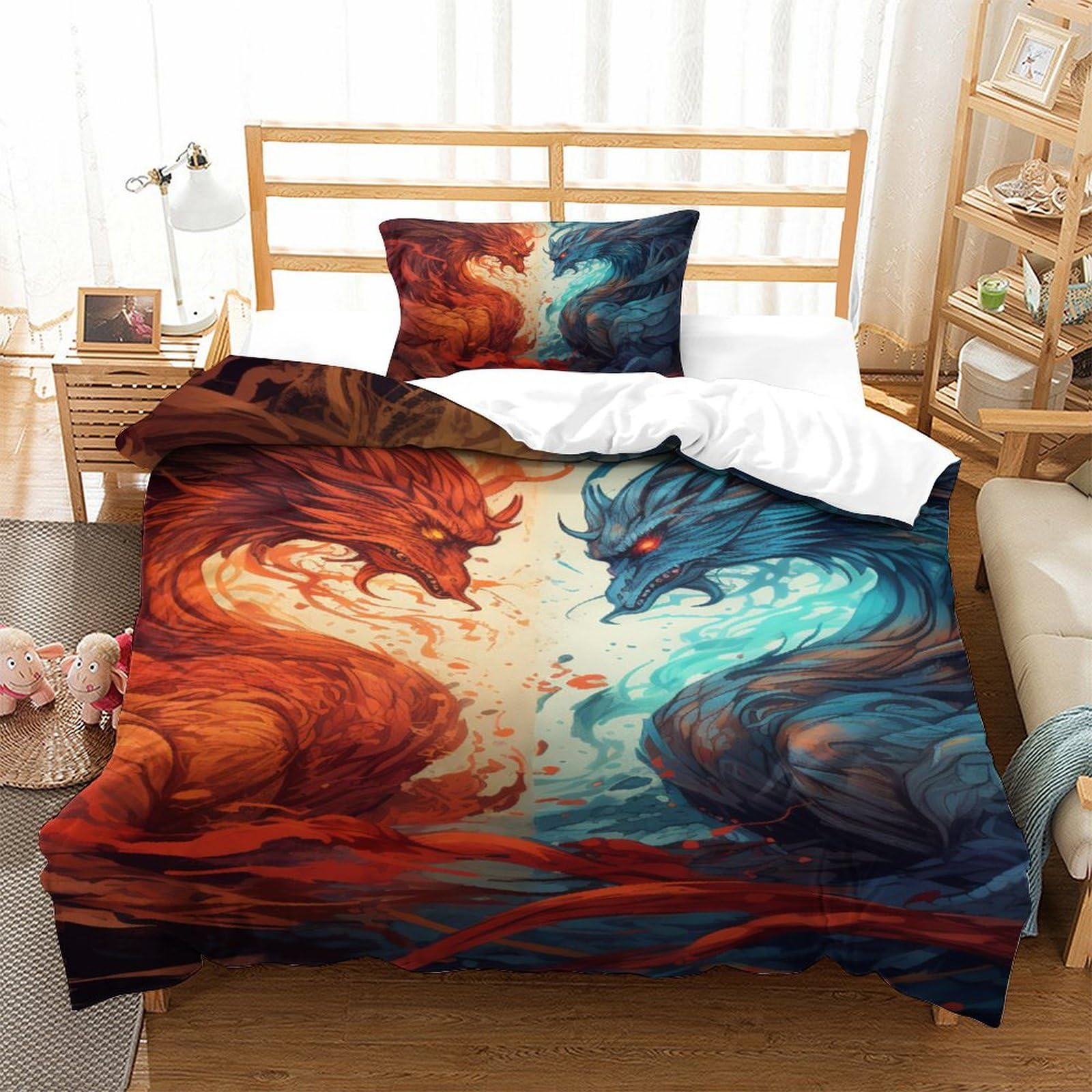 Housse de couette dragon 135x200 parure de lit 2 pièces ado adulte avec taie oreiller zip