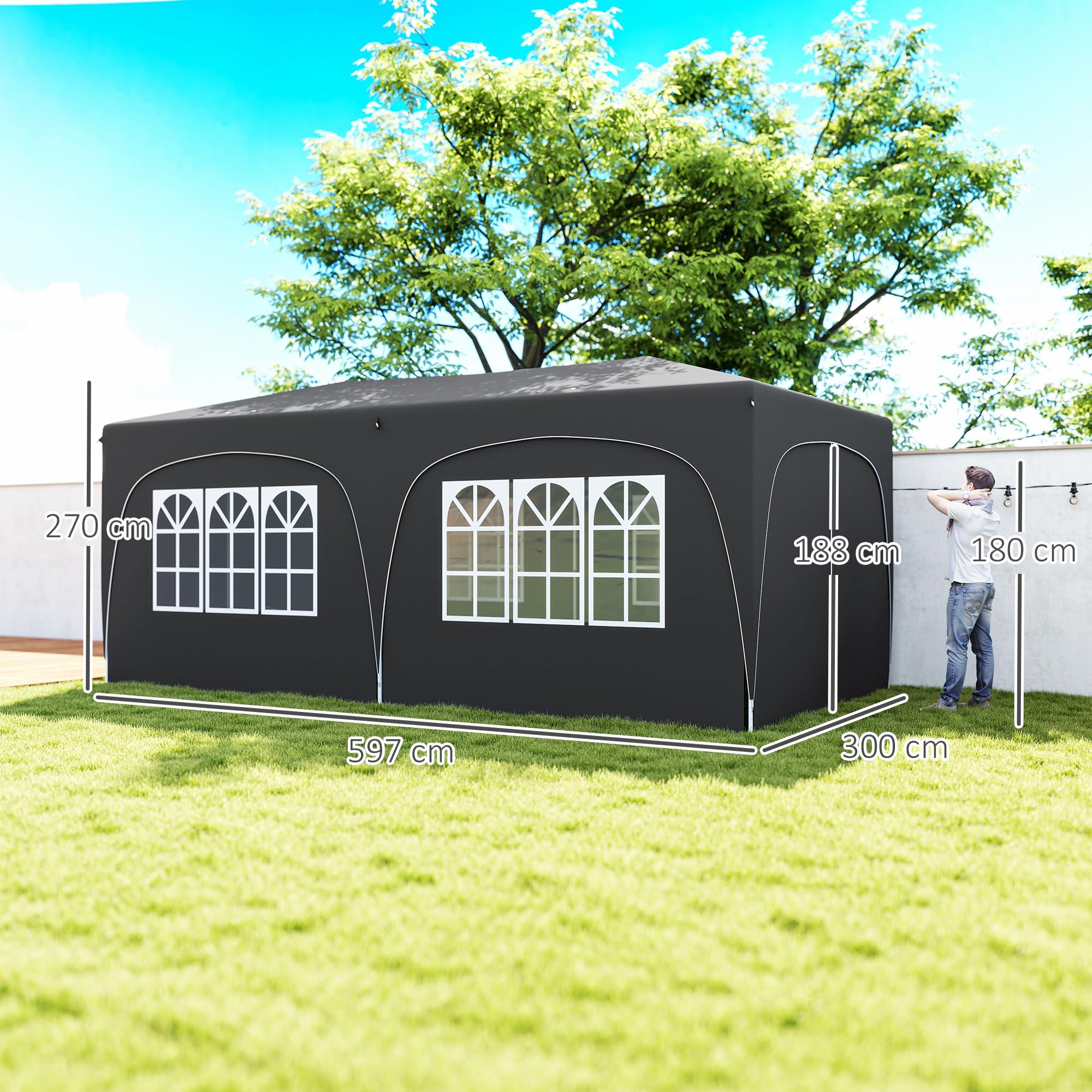 Outsunny Carpa Plegable 3x6 m, Cenador Pabellón de Jardín con Altura Ajustable de 3 Niveles, 4 Paredes Laterales, Ventanas y Bolsa Transporte, UPF50+, Impermeable para Fiestas, Exterior, Gris Oscuro
