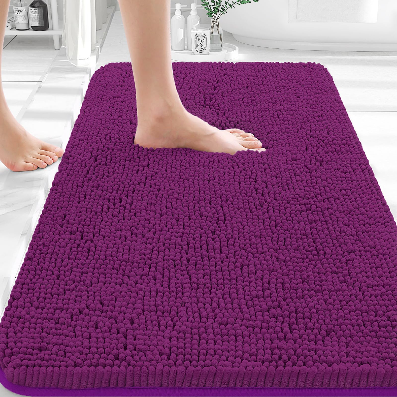 OLANLY Small Bathroom Rugs 30x18, Extra Soft Absorbent Chenille Bath Rugs | Purple, Quick-Drying Rubber Backing, Machine Washable Bath Mat for Bathroom Floor, Tub and Shower, Home Decor Accessories
