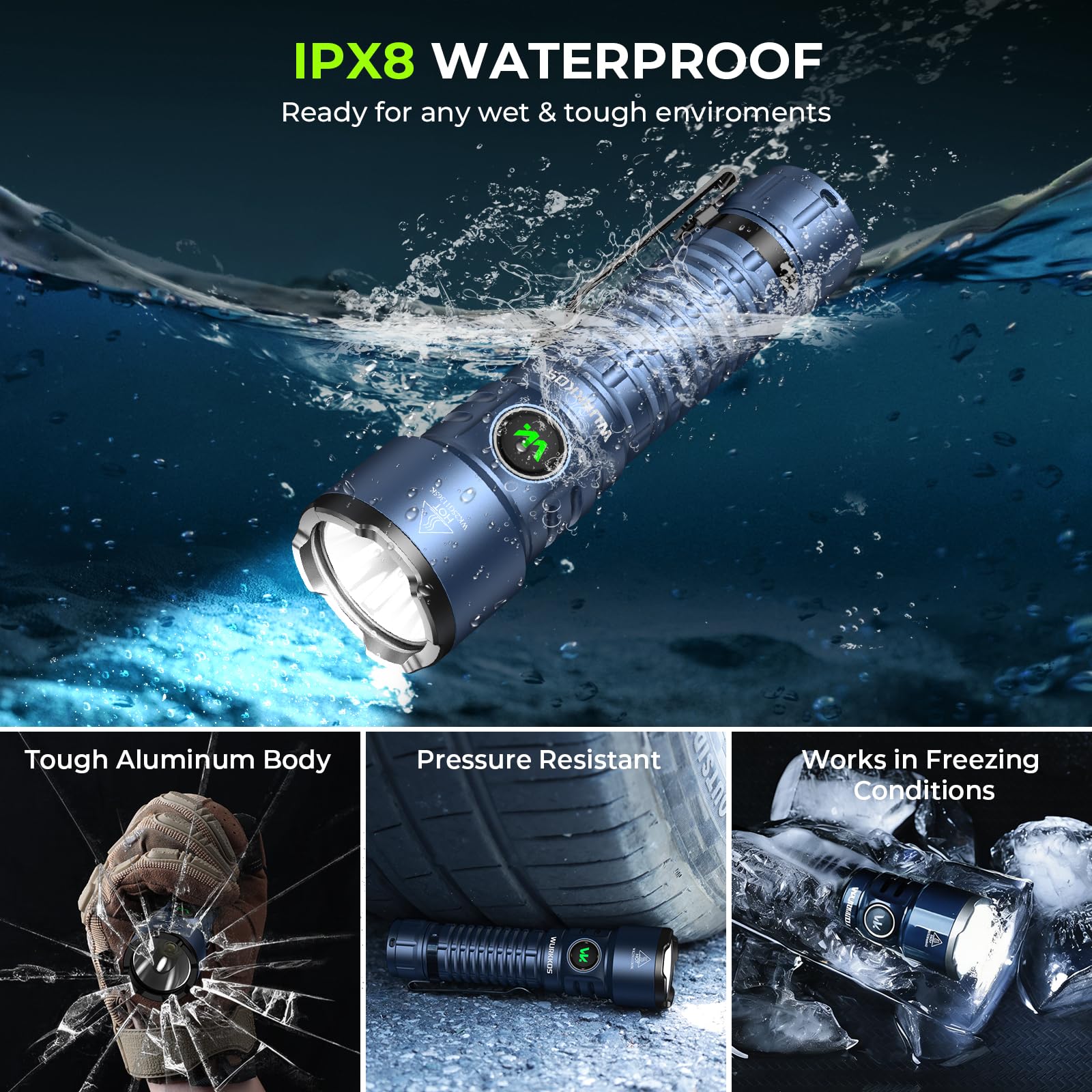 Wurkkos TS28 3200lm Torcia LED Ricaricabile, IPX8, Base Magnetica,Blu | Gittata 506m, USB-C, batteria 5000mAh, 8 modalità di luce, driver stabile, ideale per campeggio e trekking