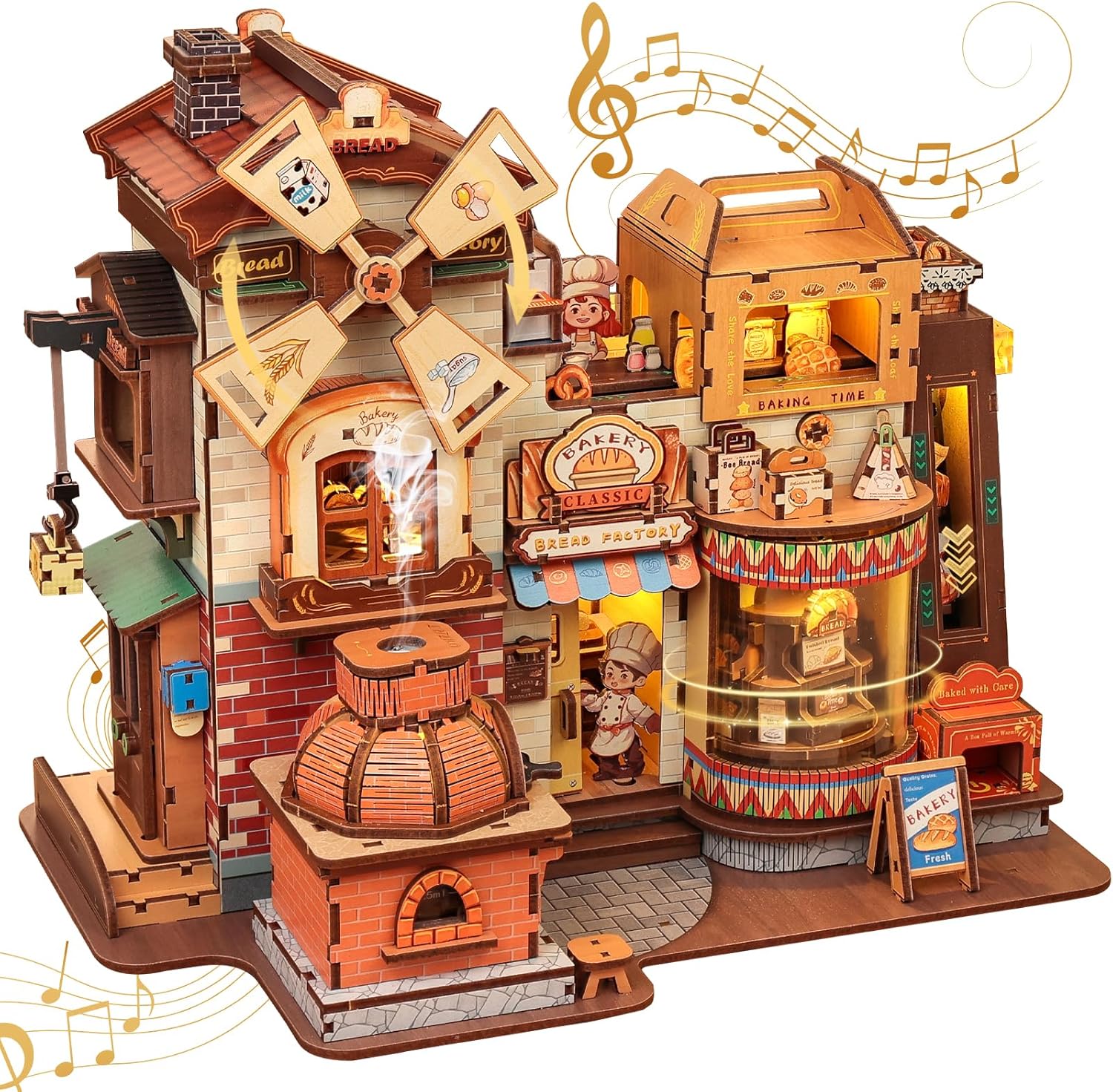 CUTEBEE 3D Wooden Model Building Kit Music Box - DIY Diorama Kit with LED Light, Music, Atomization Smoke, Type-C Power & 360° Rotating Display, Home Decor, Gifts for Teens & Adults (Bread Factory)