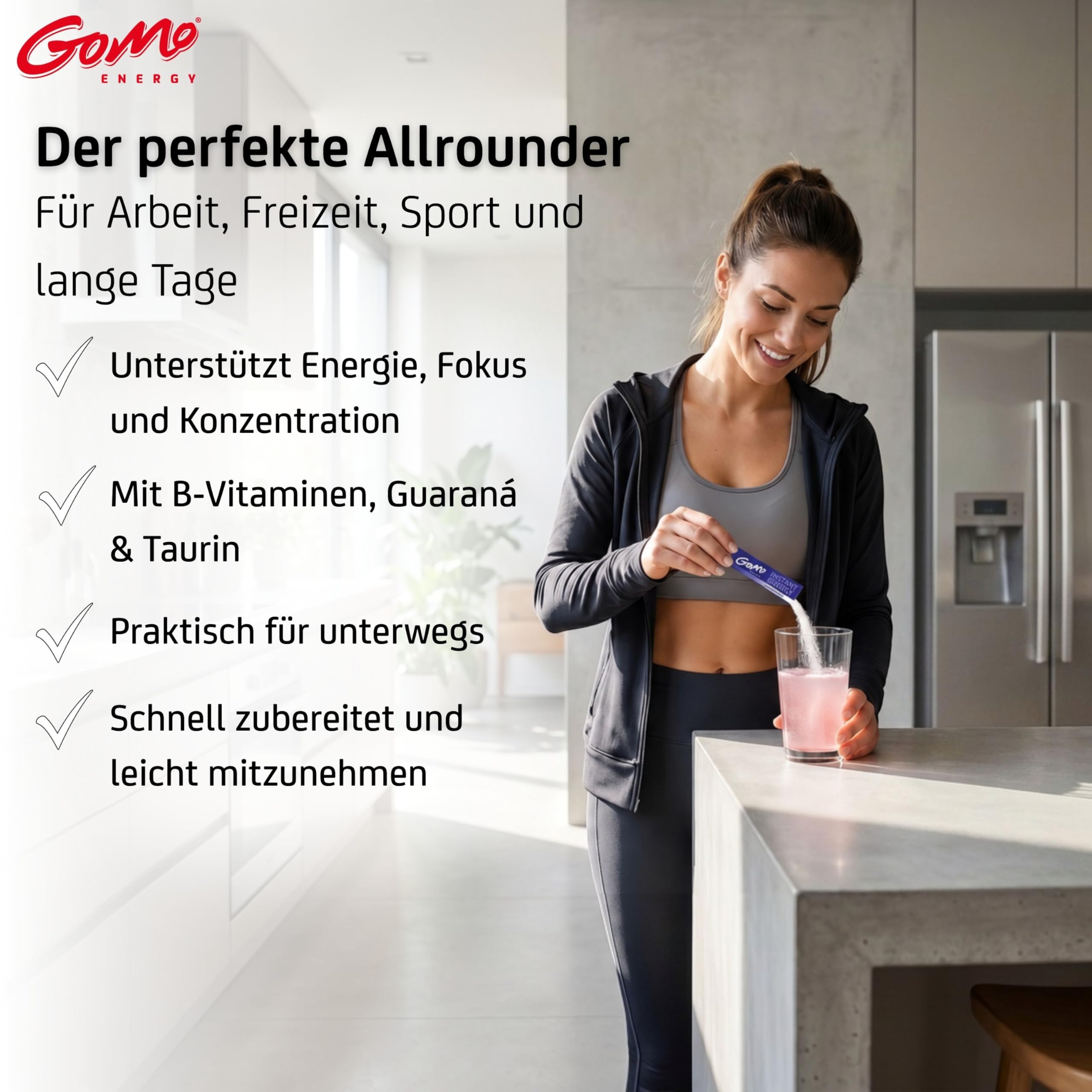 GoMo ENERGY – Instant Energy Getränkepulver mit Guarana, Koffein, Taurin & Vitamin-B-Komplex – zuckerfreier Instant Energy Drink – Wachmacher mit Energy Geschmack (Guaraná Kick) (100 Stk)