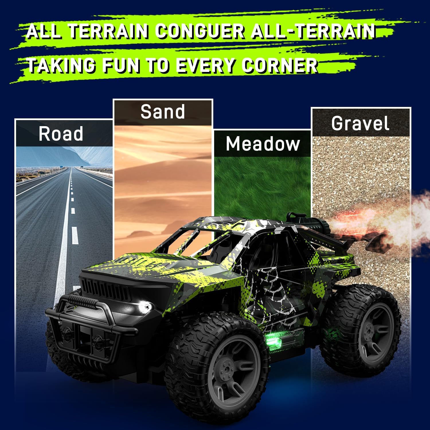 1:18 RC Monster Truck for Boys, Kids 4-7-8-12, All-Terrain Off-Road Remote Control Car with LED Lights & Spray, 40 Min Playtime, 2.4GHz Fast Response Graffiti Jeep Toy Gift RC Car for Kids