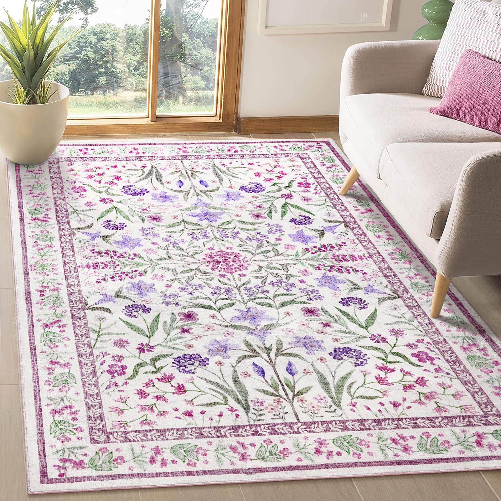 Amearea Floral Area Rugs for Living Room, 5x7 Feet Purple Rugs for Bedroom Girls, Cute Kids Room Print Carpet Vintage Low Pile Machine Washable Area