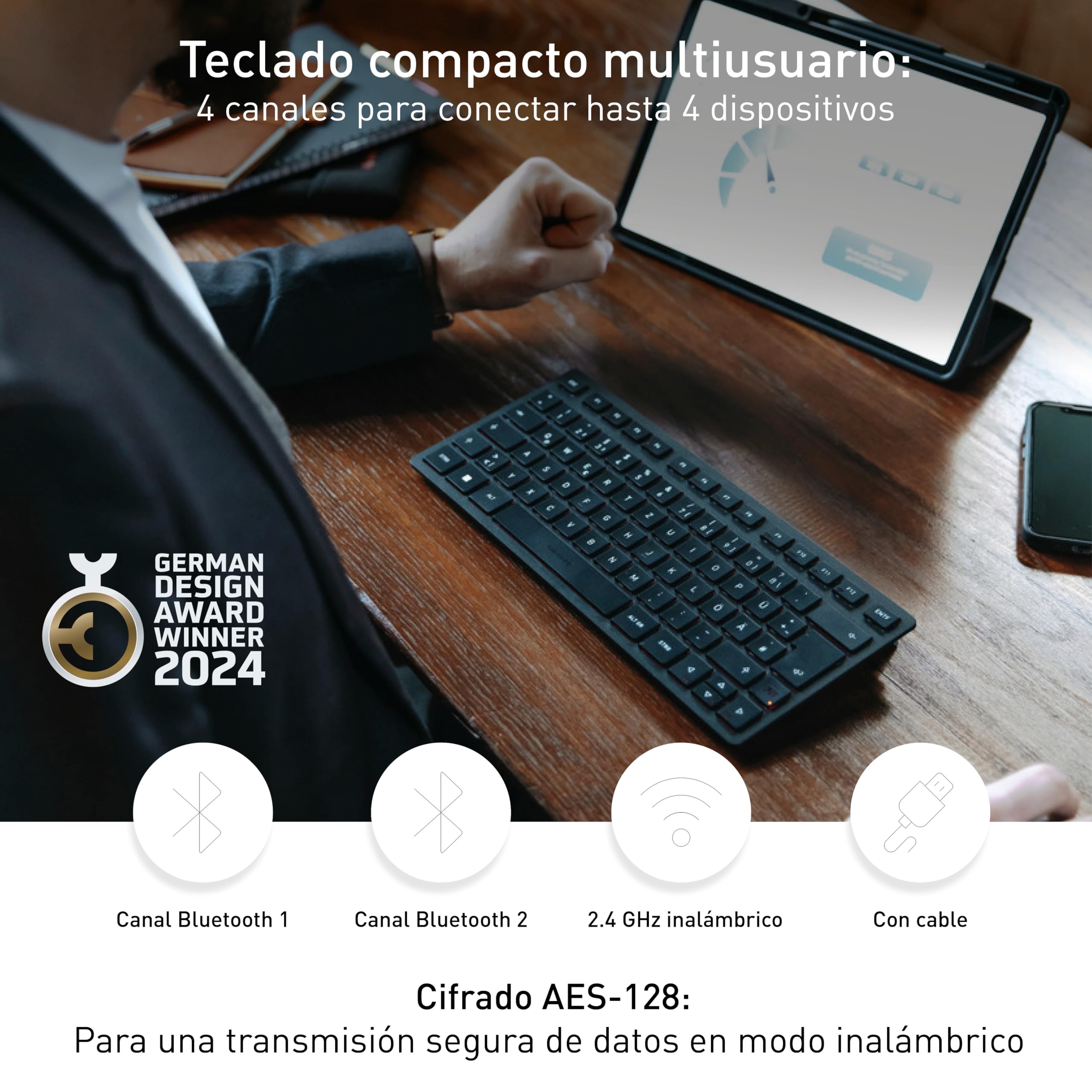 Cherry KW 9200 Mini, Teclado Compacto Multidispositivo hasta 4 Dispositivos, Distribución de Teclado Alemán (QWERTZ), Bluetooth, 2.4 GHz o Conexión por Cable, Recargable, Negro
