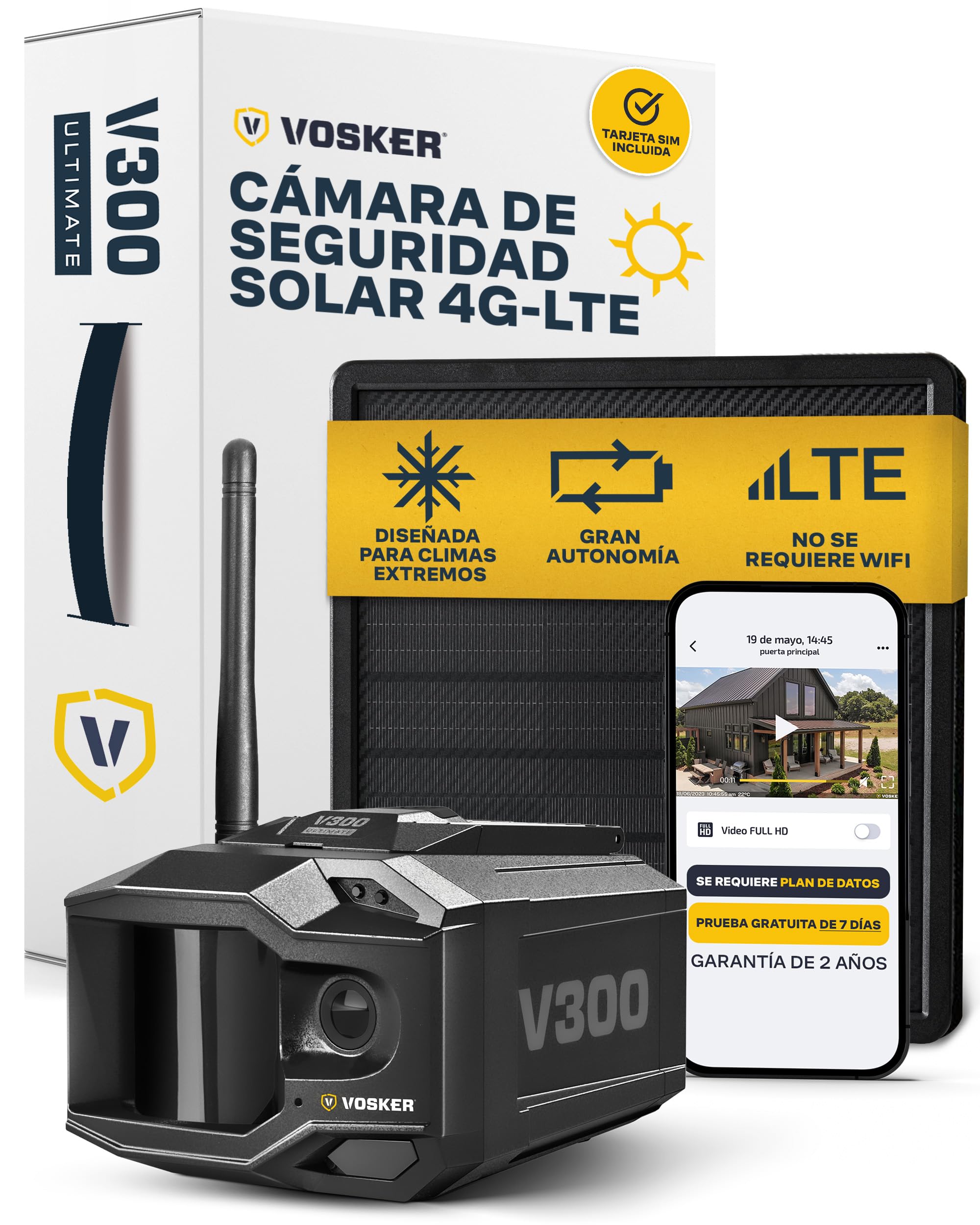 Vosker V300 Ultimate Cámara de Seguridad Exterior Autónoma 4G-LTE | Banco de Energía Solar Externo de Alta Capacidad de 15.000 mAh | Tarjeta SIM Incluida | No Necesita WiFi | Transmisión en Directo