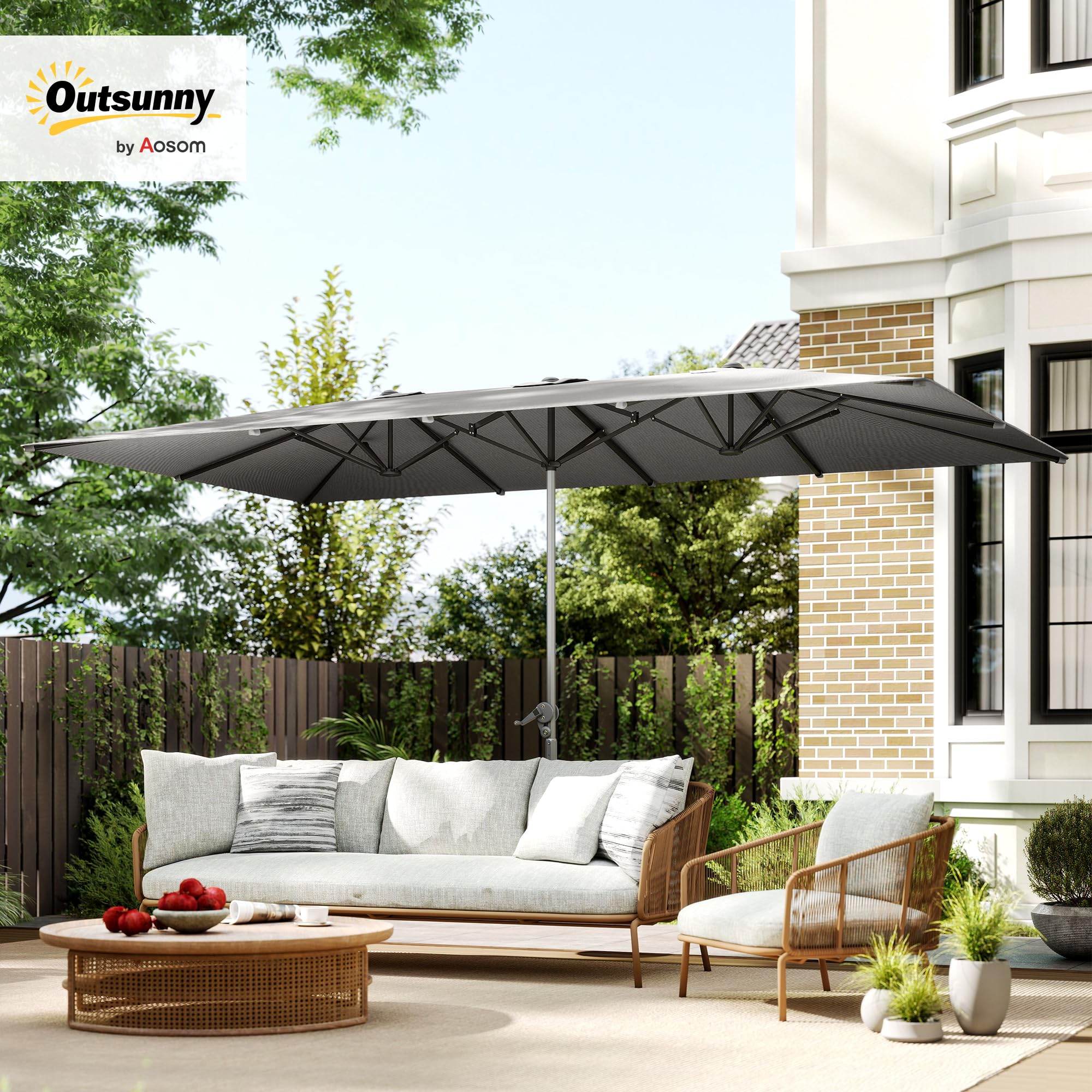 Outsunny Ombrellone da Giardino Doppio 4.5x2.6 m Anti UV50+ Grigio Scuro | Con Manovella, Ombrellone per Esterno, 12 Stecche, Alluminio, Poliestere 200g/㎡, per Cortile, Terrazza