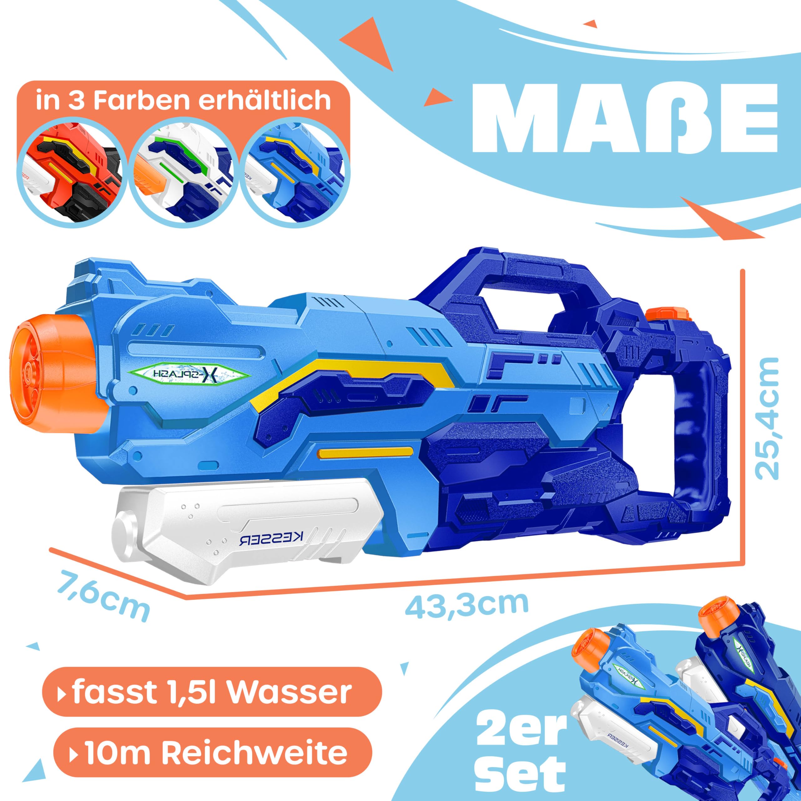 KESSER® 2 Pistolas De Agua De Gran Alcance 10-11m | Depósito 1500ml | Juguete De Verano Para Niños Y Adultos | Disparo En 4 Modos | Diversión Asegurada En La Piscina O Playa