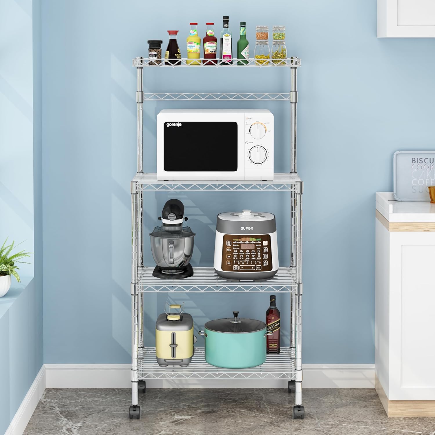 4 Layer Adjustable Kitchen Bakers Rack Shelf with Wire Metal Shelves, Microwave Oven Stand Storage Cart Carbon Steel Space-Saving for Kitchen, Living Room, Bathroom, Hotel, Restaurant Silver