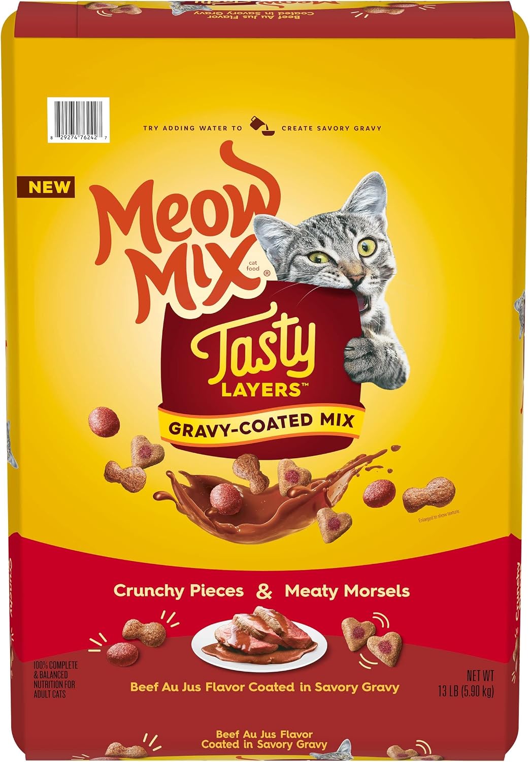Meow Mix Tasty Layers Dry Cat Food, Beef Au Jus Flavor Coated in Savory Gravy, 13 Pound Bag
