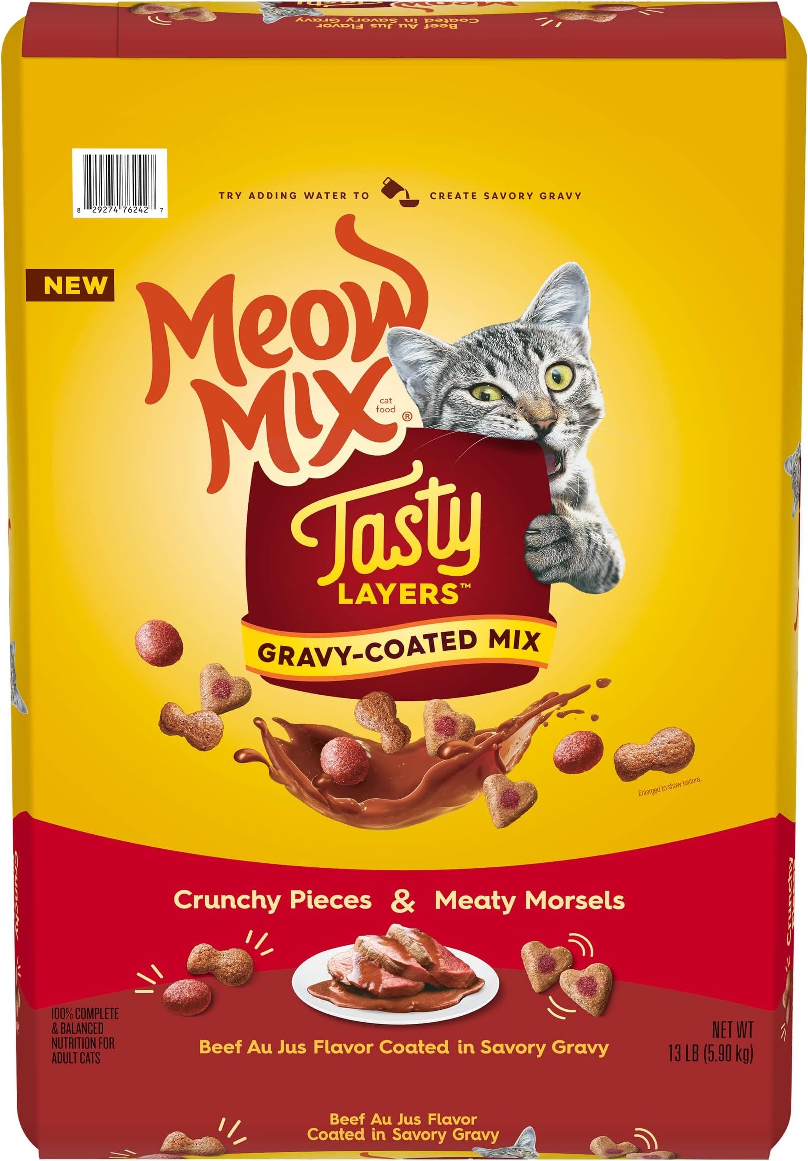 Meow Mix Tasty Layers Dry Cat Food, Beef Au Jus Flavor Coated in Savory Gravy, 13 Pound Bag