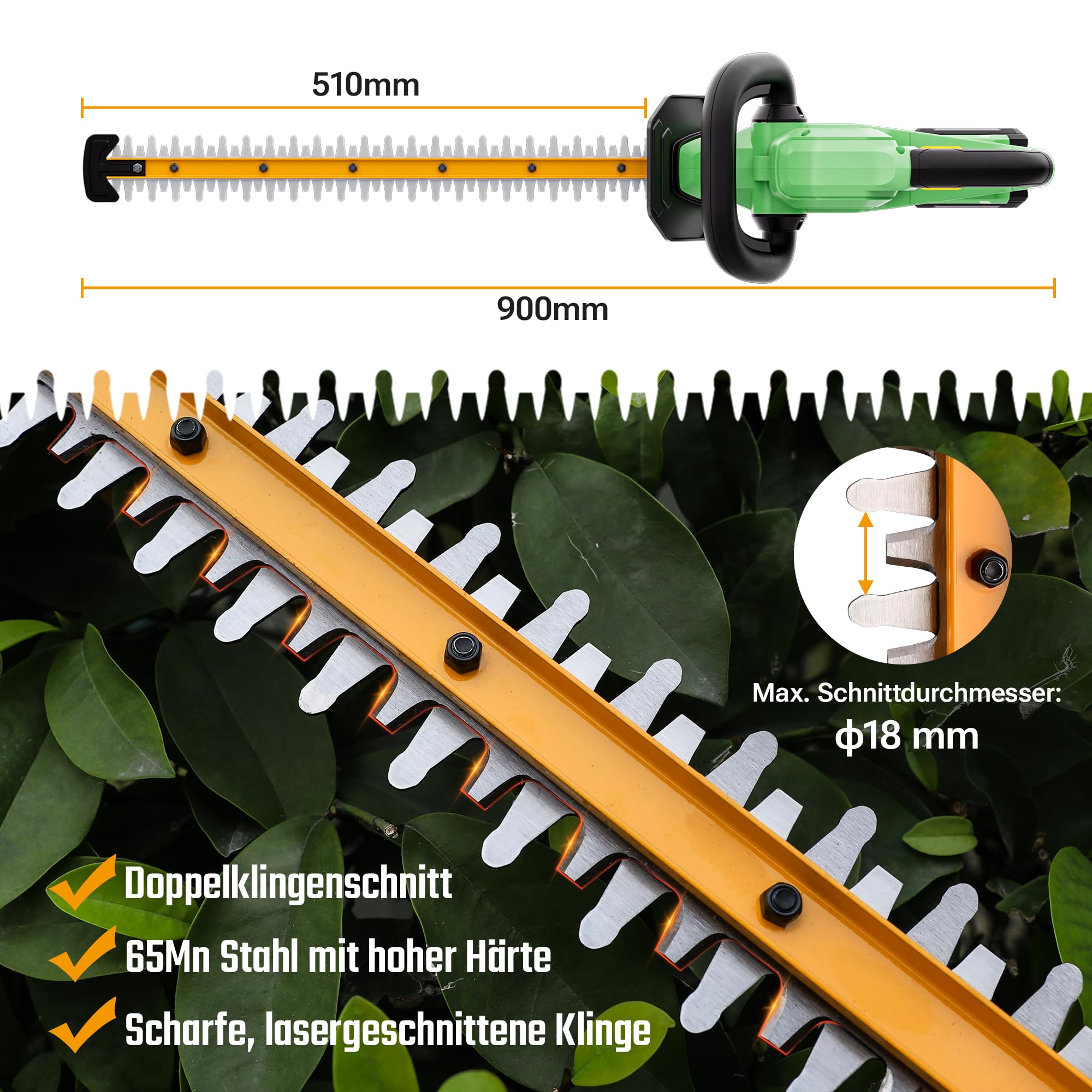 WORKPROX Heckenschere Akku 20V mit 2,0Ah Batteie & Typ-C Ladekabel, Elektrischer Heckentrimmer Schnittlänge 51cm, Schneidedurchmesser 18mm, Heckenschneider Ideal für Garten, Hecken & Sträucher