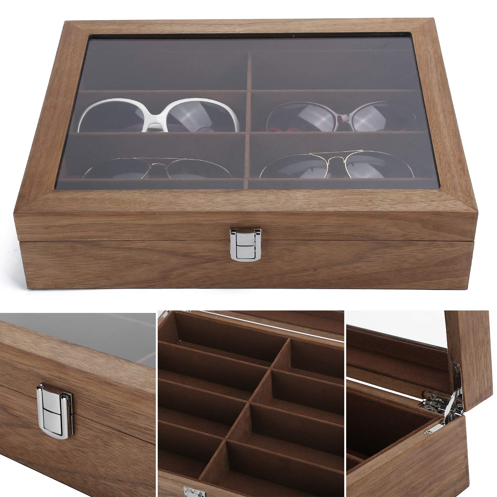 Pilipane Elegante Caja De Almacenamiento De Gafas De Madera, Caja Organizadora De Joyas, Vitrina De Gafas De Sol De 8 Rejillas Y Organizador De Joyas para Joyas Y Gafas De Sol