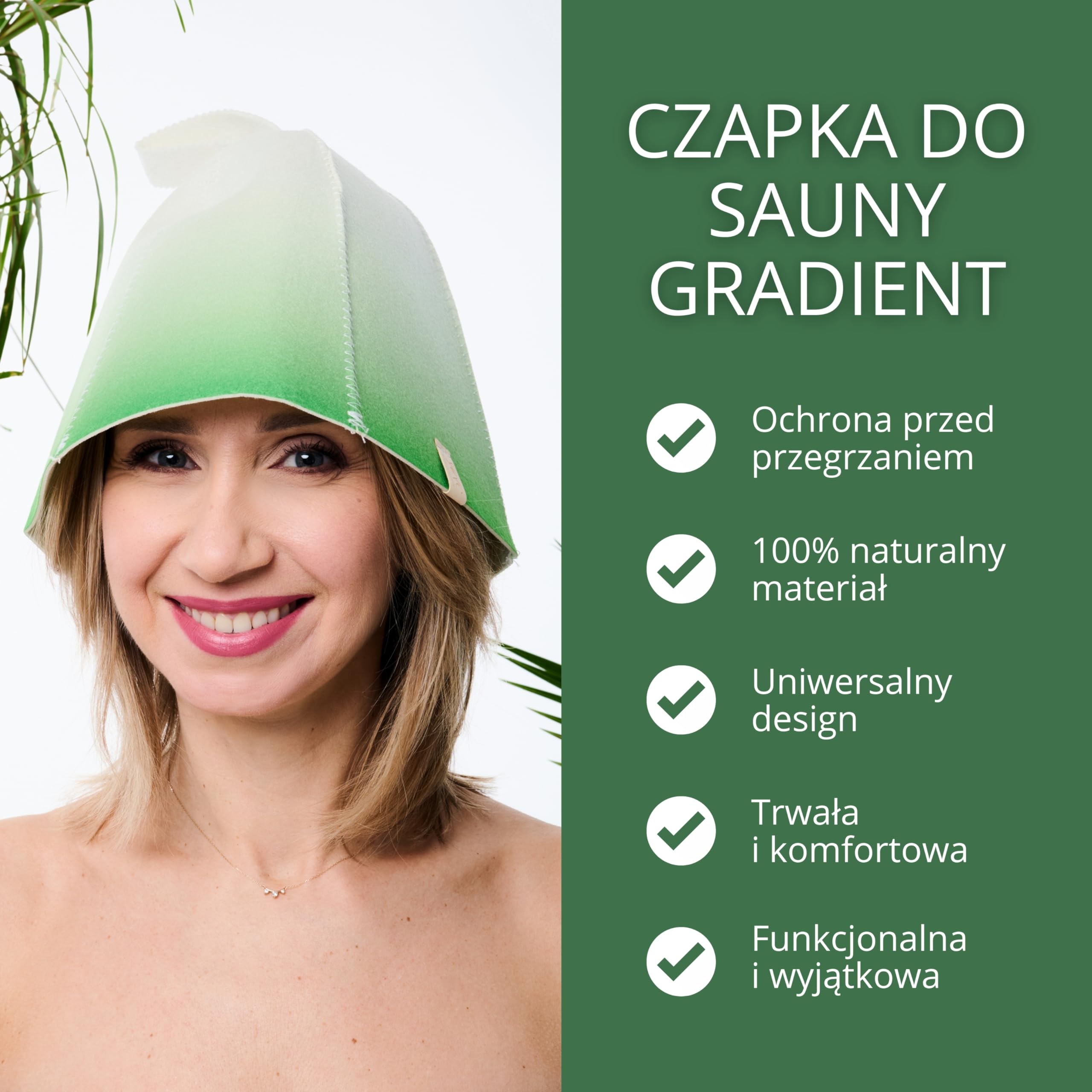 Czapka do sauny z naturalnej wełny filcowej GRADIENT - chroniąca włosy i głowę, szybkoschnąca, uniwersalna - Naturalne akcesoria do sauny dla kobiet i mężczyzn - YEYE Made in Nature (Zielony)