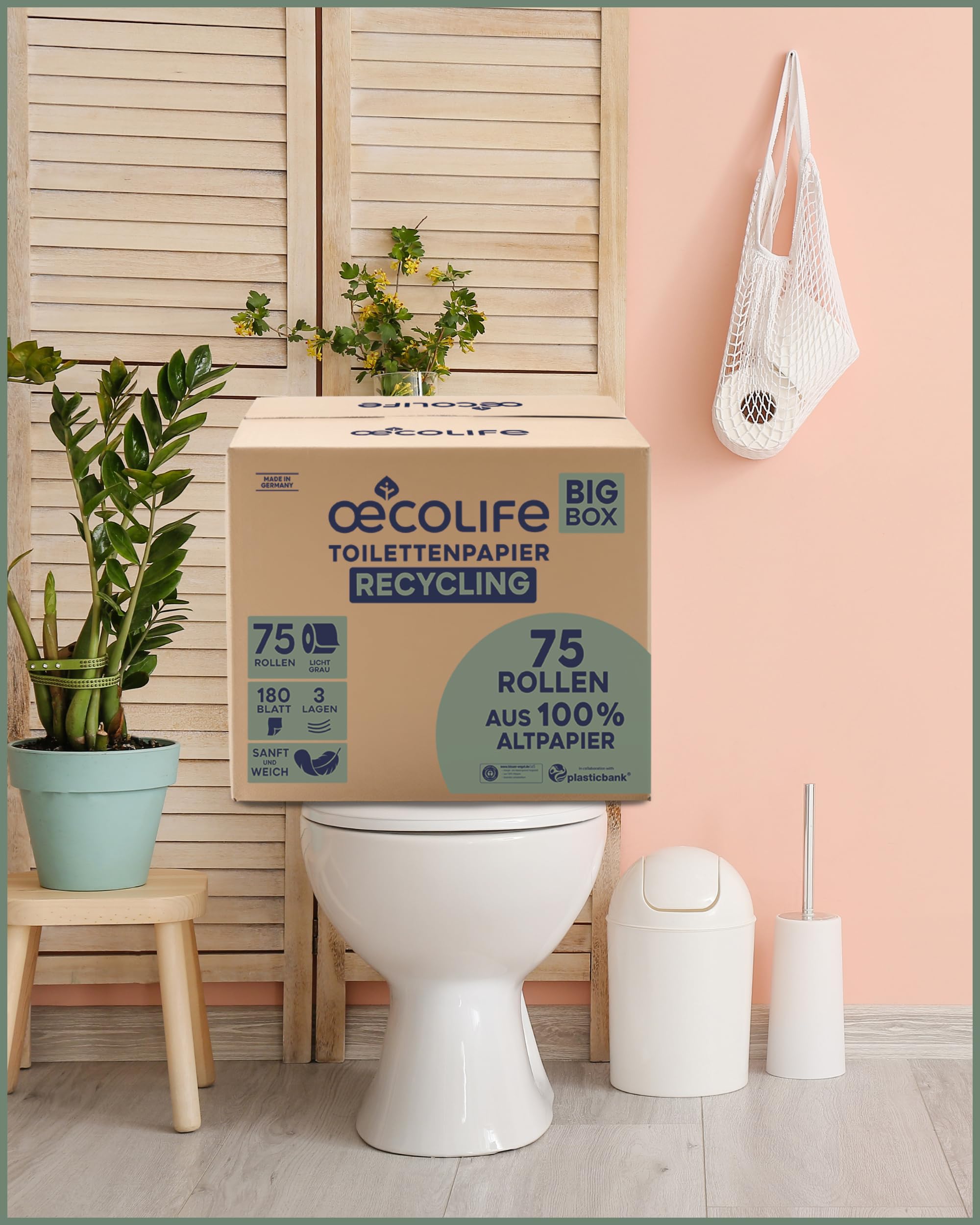 œcolife Toilettenpapier Box Recycling, 3-lagig, 75 Rollen x 180 Blätter, Großpackung für Gewerbe und Haushalt, Recyclingpapier