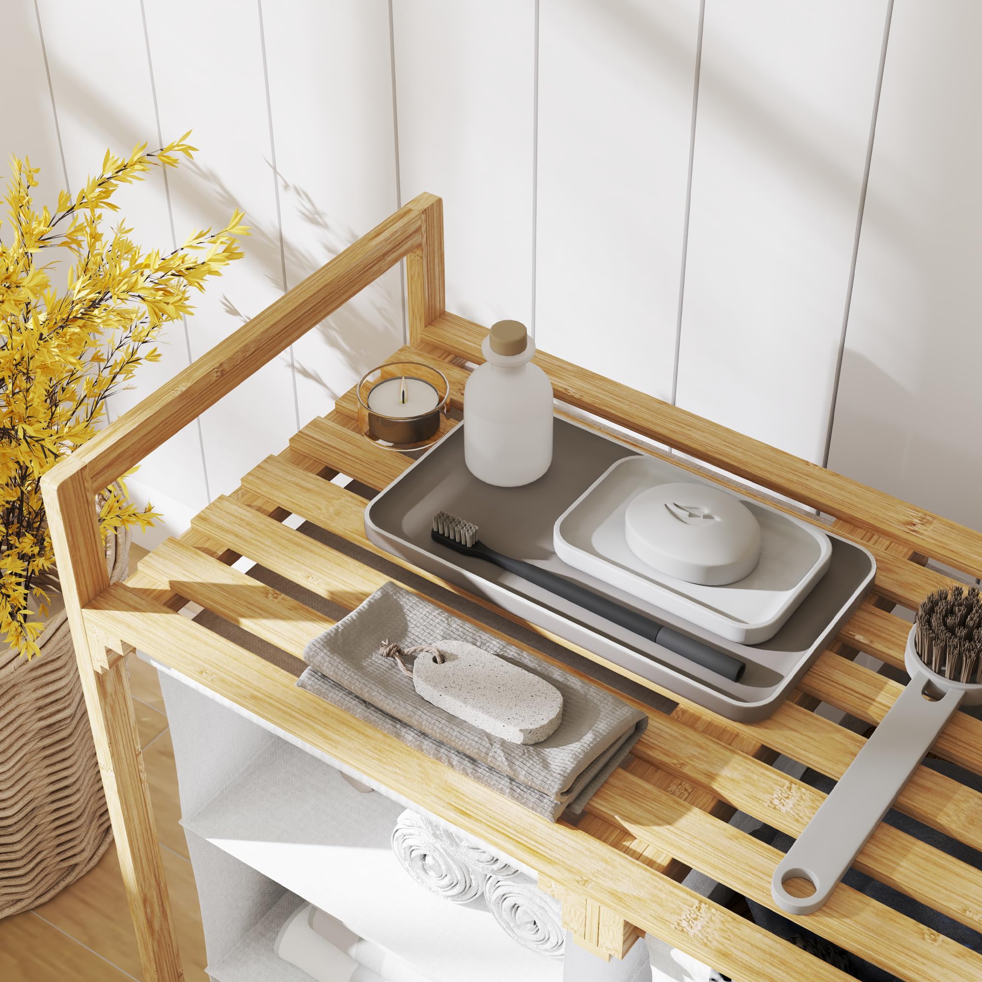 HOMCOM Wäschekorb 4 Fächer Bambus 83L mit Ablage Griff 70 x 36 x 70 cm Weiß | 2 Ausziehbare & Abnehmbare Wäschesäcke aus Vliesstoff, Wäschesammler, Wäschebox, Wäschesortierer