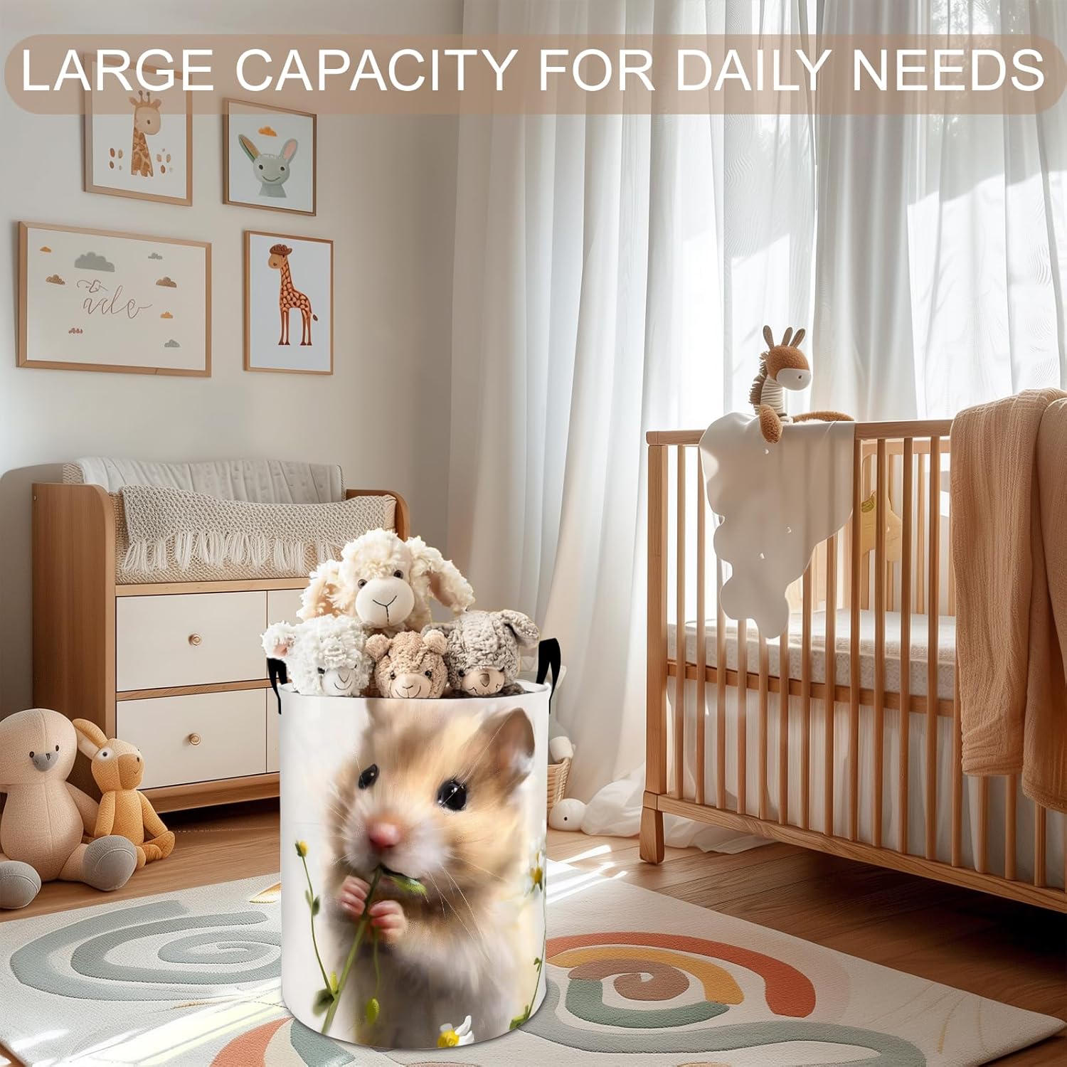 Cute Hamster Laundry Basket Hamper 19.7"x15.8", Animal Foldable Waterproof Oxford Clothes Storage Bucket for Room Bathroom Bedroom Nursery Decor, Toy Organizer Bins Gifts for Kids Boys Girls