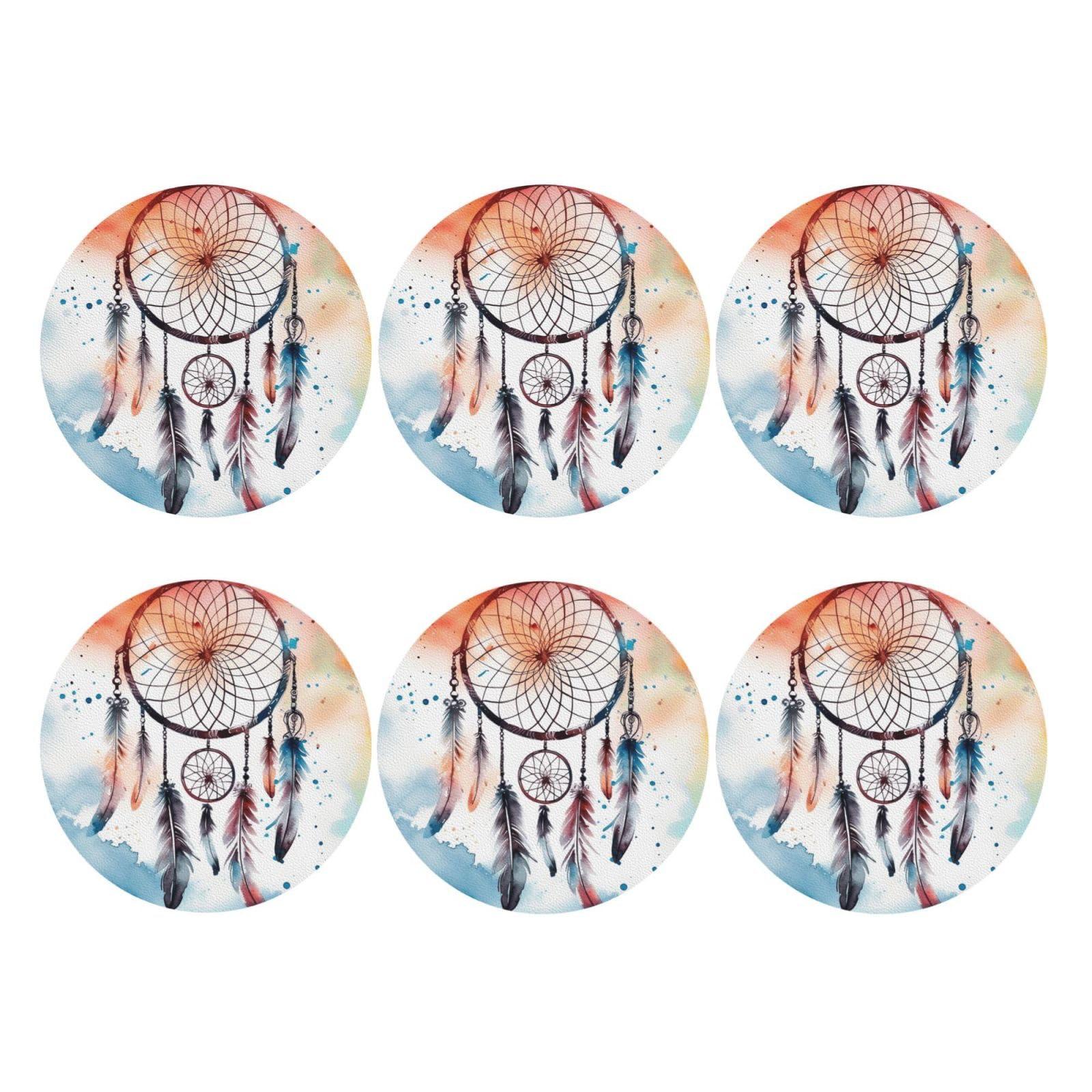 6pcs Leather Coasters for Drinks, Watercolor Dream Catcher Drink Coasters for Tabletop Protection, 4" Cup Coasters for Coffee Table Decor, Non-Slip Drinking Cup Mat for Hot Or Cold Drink