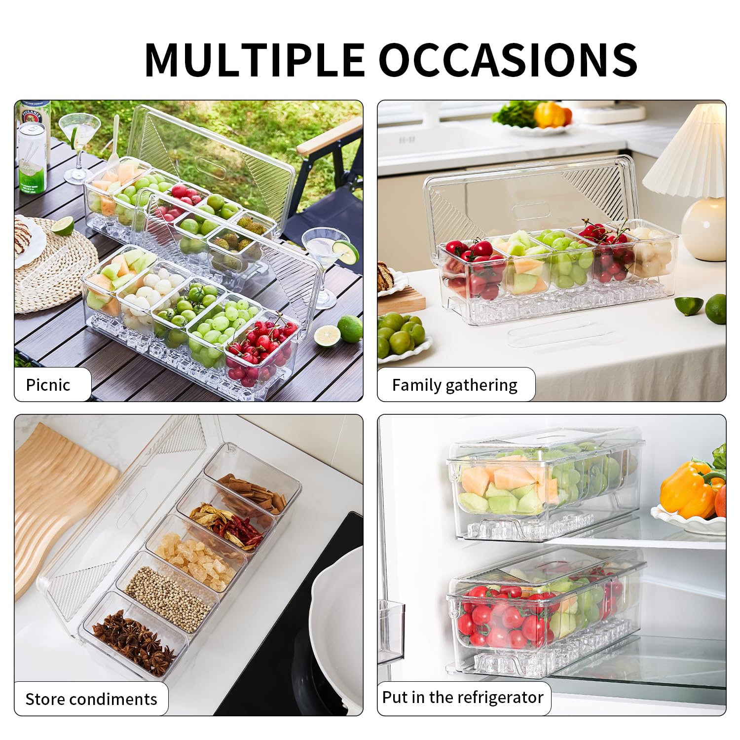 Contenitori refrigerati per condimenti refrigerati, piatti da portata con coperchi per 5 scomparti rimovibili