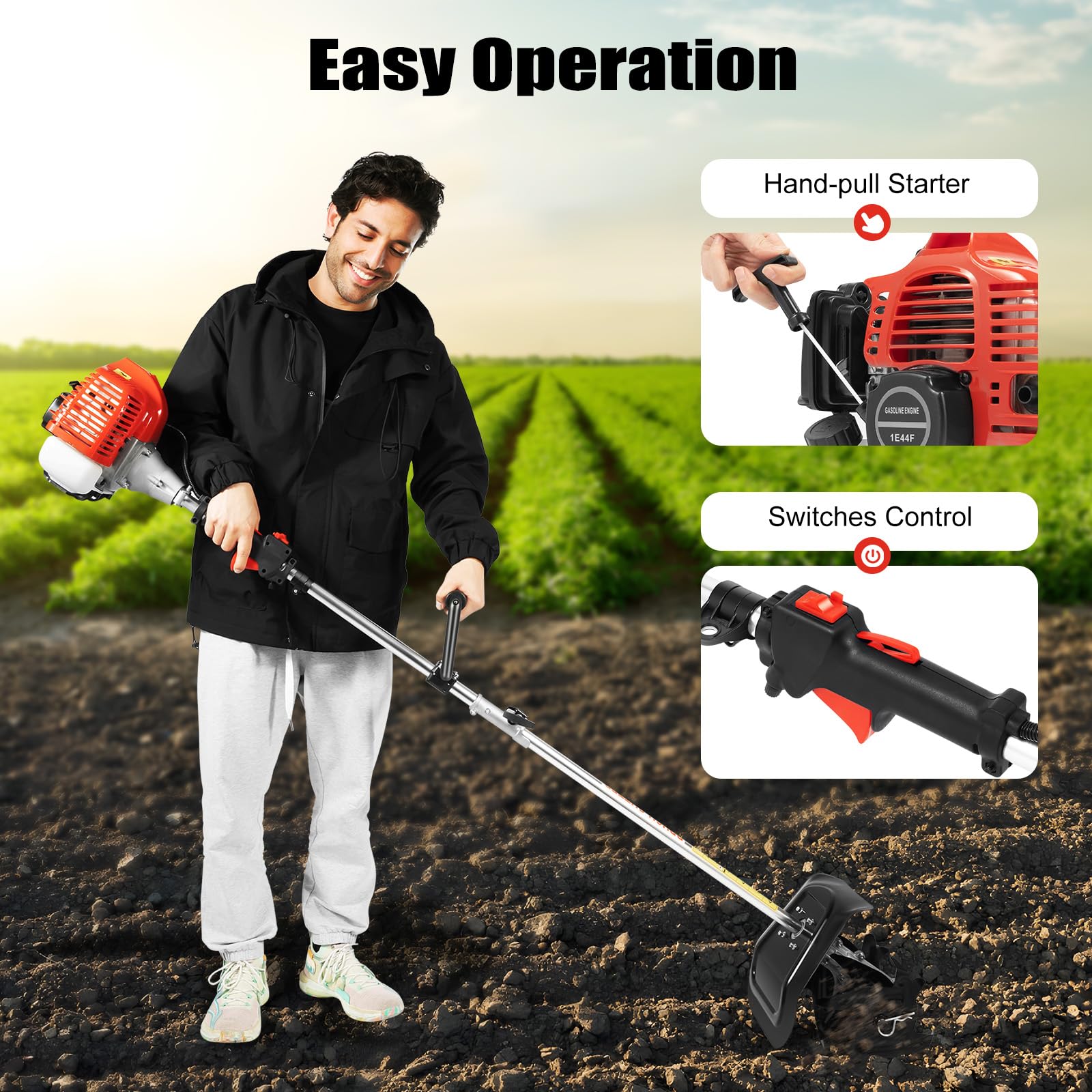 Rototiller a gas de 51.7 CC, cultivador de mano pequeño de un solo cilindro de 2 tiempos, 6500 RPM refrigerado por aire con tanque de combustible de 1.1 L para deshierbe de suelo suelto de