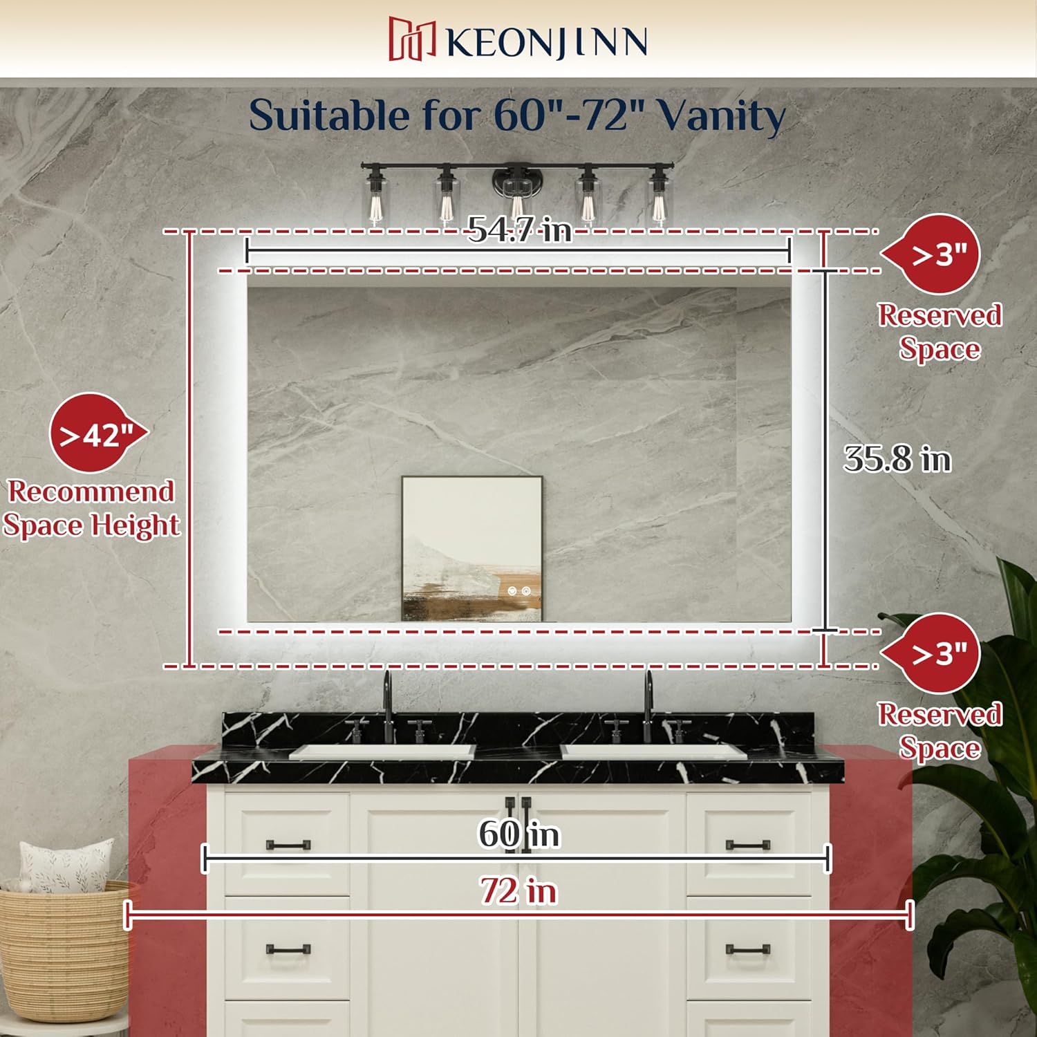 Keonjinn 55 x 36 Inch LED Bathroom Mirror with Backlit (6000K), Anti-Fog Vanity Mirror, CRI90+ HD Tempered Glass, Stepless Dimmable, High Lumen, UL Listed, IP44 Waterproof, Horizontal/Vertical 36"L x 55"W