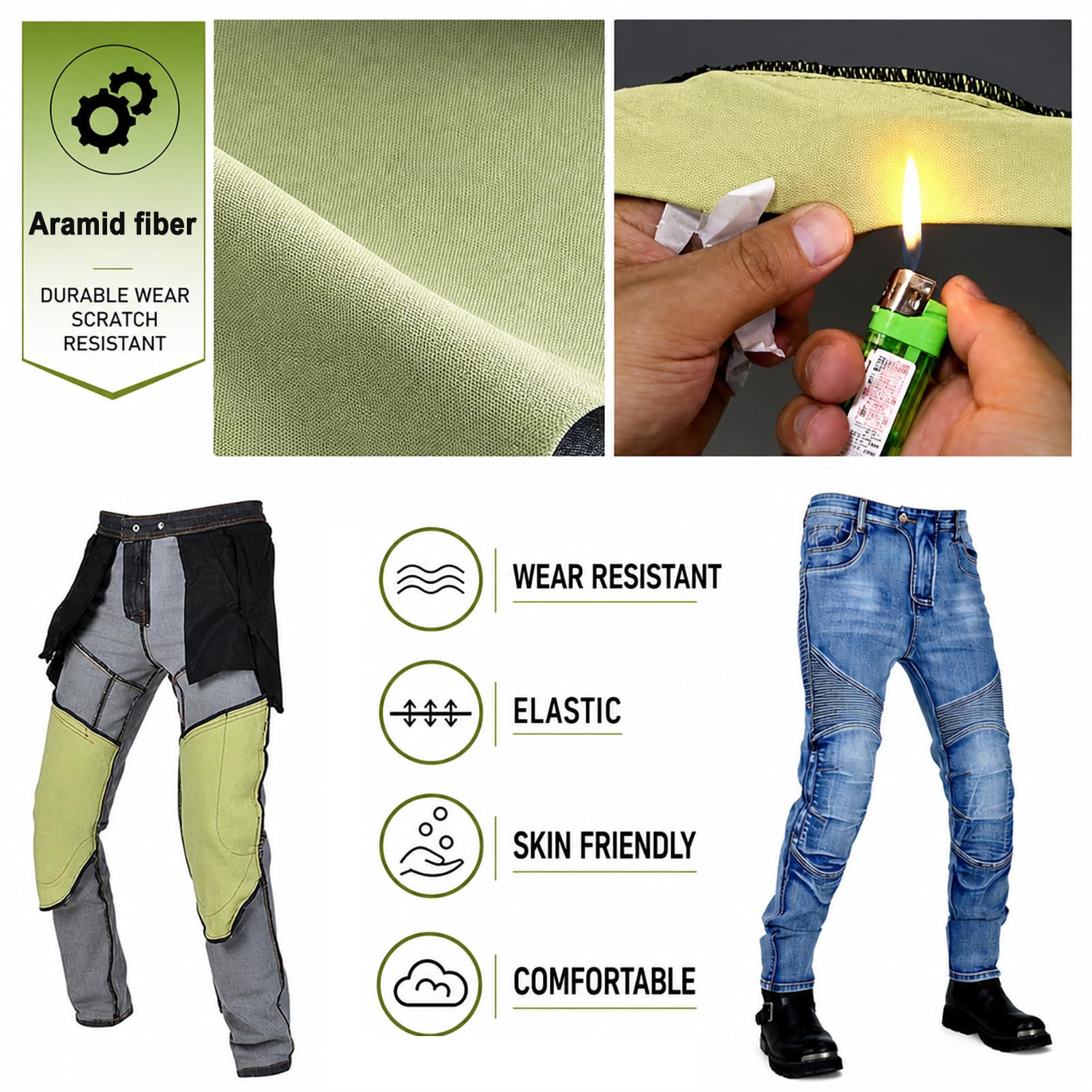 Jeans da Moto da Uomo con Protezioni Rimovibili per Ginocchia e Anche