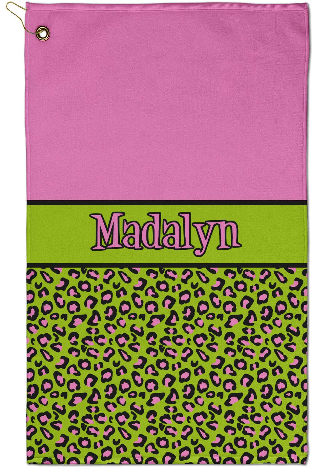 RNK Shops Personalized Pink & Lime Green Leopard Golf Towel - Poly-Cotton Blend - Small w/Name or Text