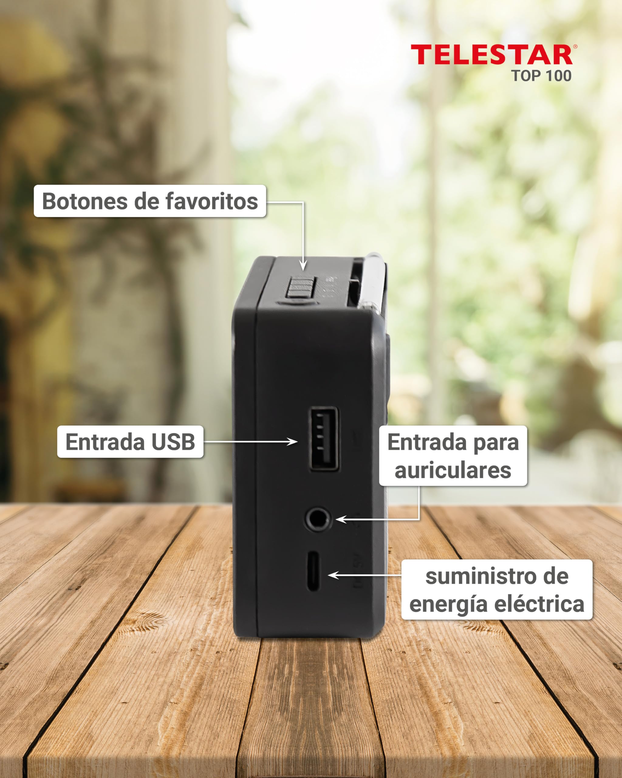 TELESTAR Top 100 – Radio portátil Dab+/FM con batería Recargable – Negro | Batería intercambiable, hasta 15 h de reproducción, carga rápida, audio Bluetooth y reproductor USB