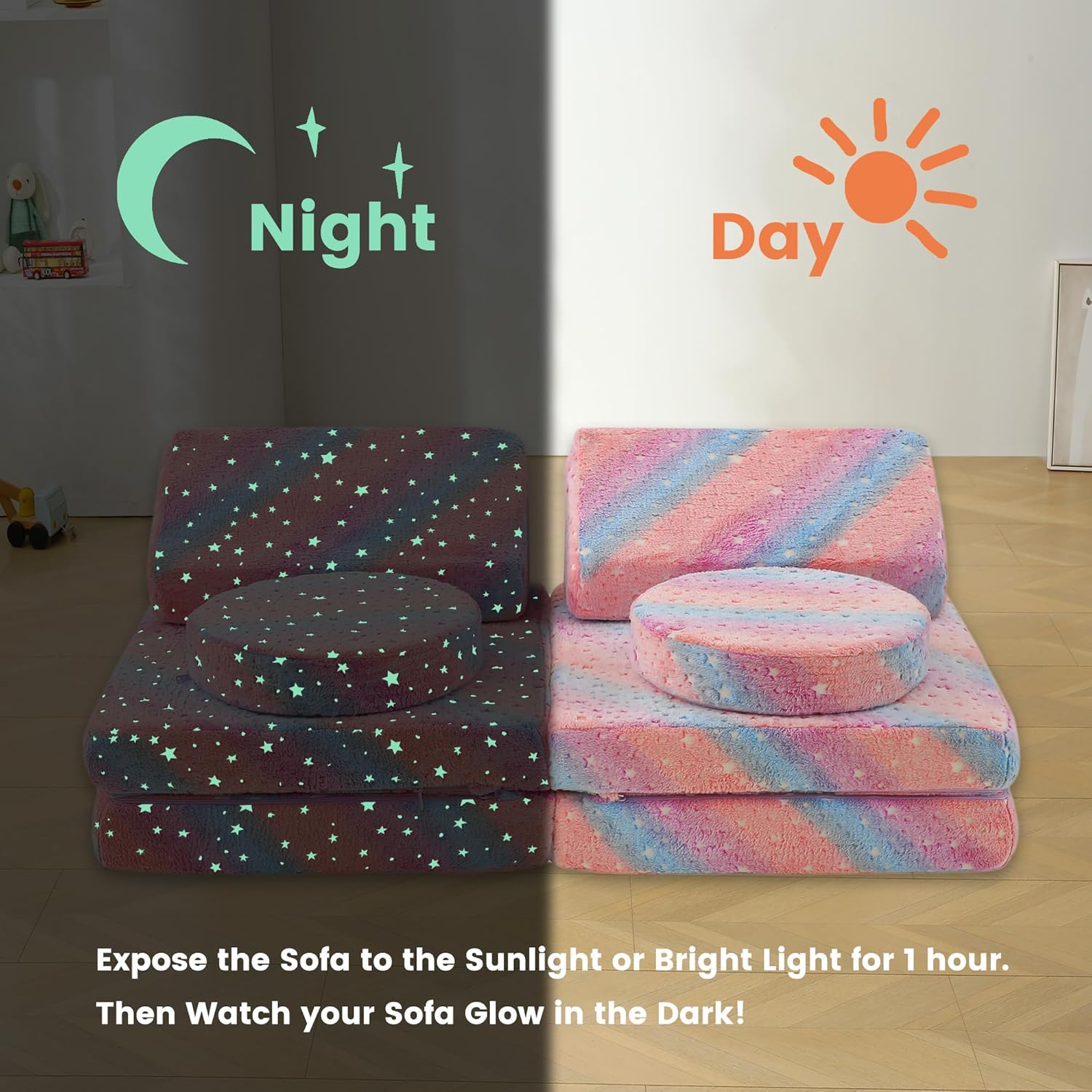 8 Pcs Kids Boneless Couch, Modular Toddler Glow in The Dark Sofa for Playroom Bedroom, Foam Kids Convertible Sofa Sectional Playset Set, Play Couch for Girls Boys | Whashable cover