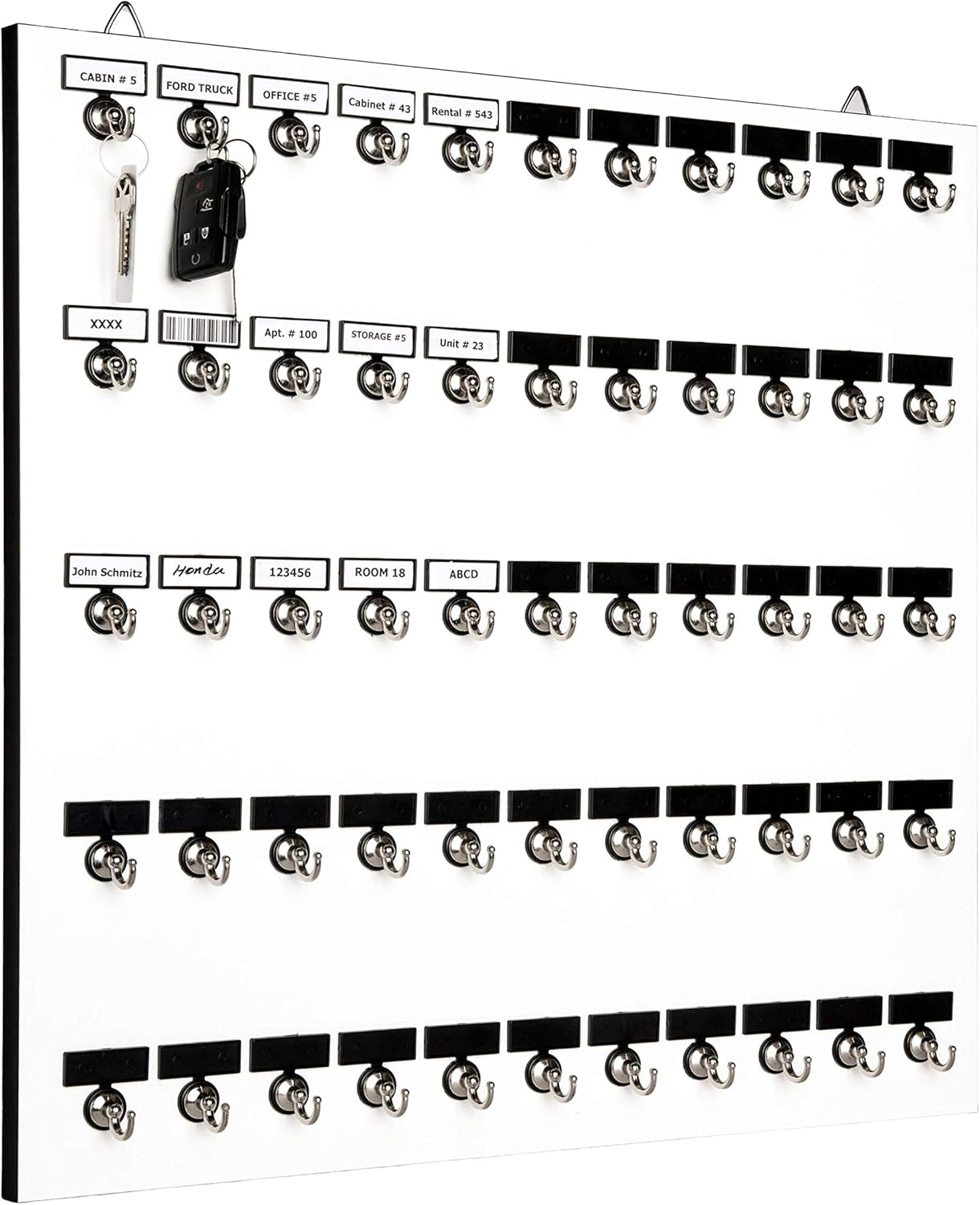 Key Rack, Key Holder # 55MWN, Extra Space 55 Bolted Metal Hooks with Customize Nameplate, (60 Sets of Tag & Ring Included) - Made in USA