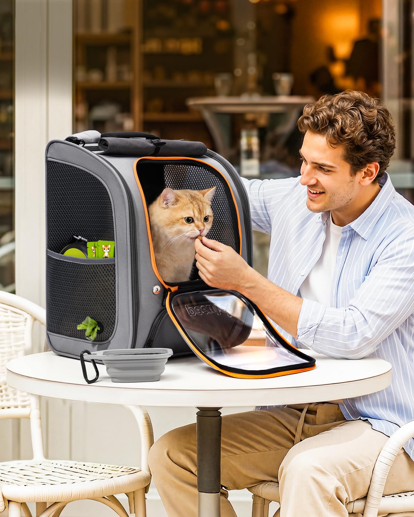 pecute Katzenrucksack Bubble Haustier Rucksack mit Netzfenster, Tragbare und Faltbare Katzentasche, Atmungsaktive und Leichte Hundetasche für Hunde Katzen Haustiere, Grau auf Grau Kombiniert