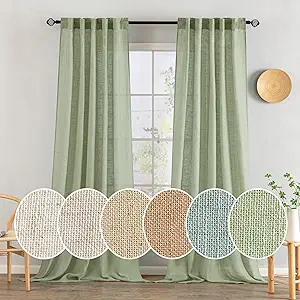 MIULEE Sage Green Linen Curtains 96 Inch Long for Bedroom Living Room, Soft Thick Linen Textured Window Drapes Semi Sheer Light Filtering Back Tab Rod Pocket Burlap Look Farmhouse Decor, 2 Panels
