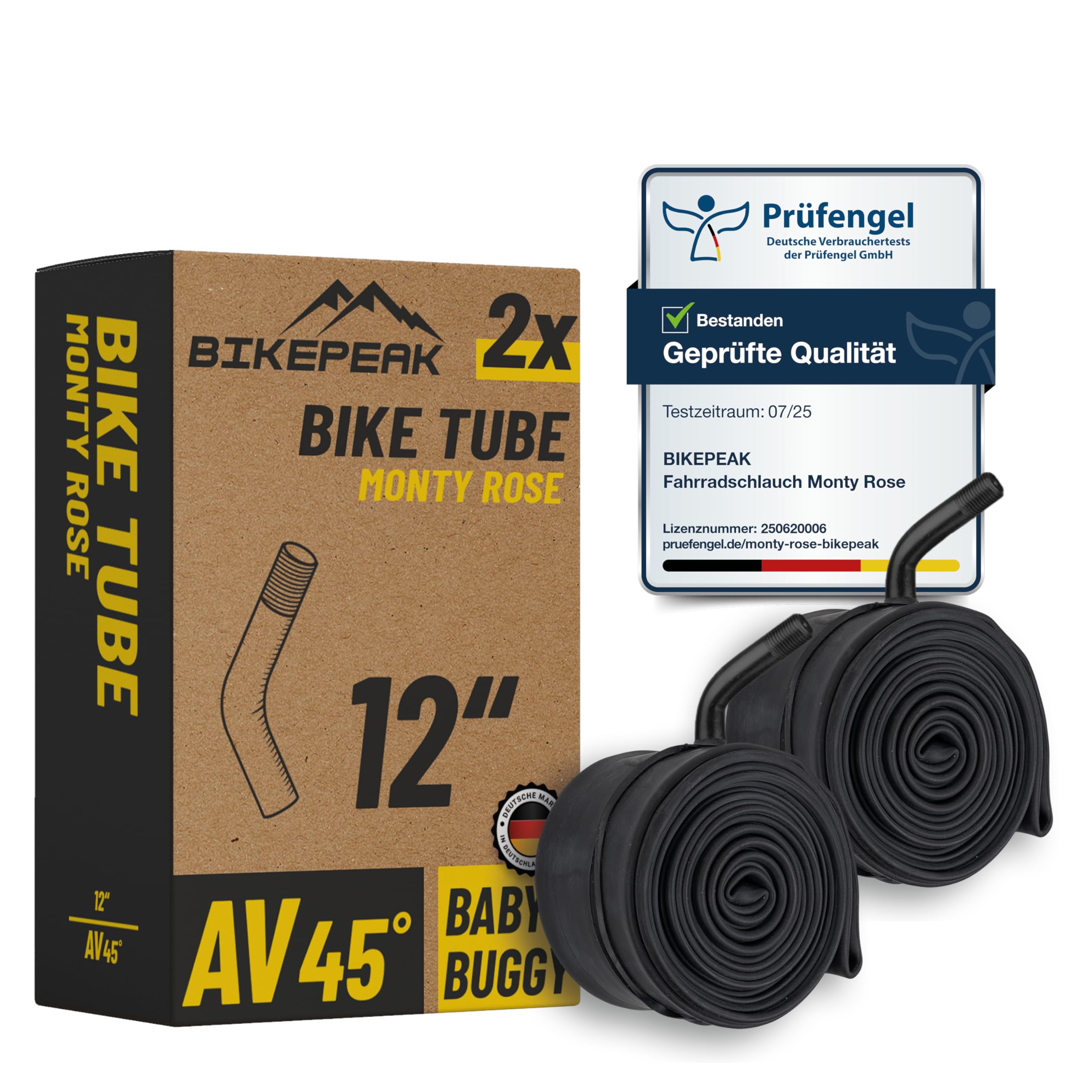 BikePeak 2X Kinderwagen Schlauch 12 Zoll mit schwarzem Autoventil 45° abgewinkelt - Schlauch AV Schrader Ventil, ETRTO 47/62-203, 300A - 2er Set Schläuche Buggy, Dreirad, Laufrad, Fahrrad, Kinderrad