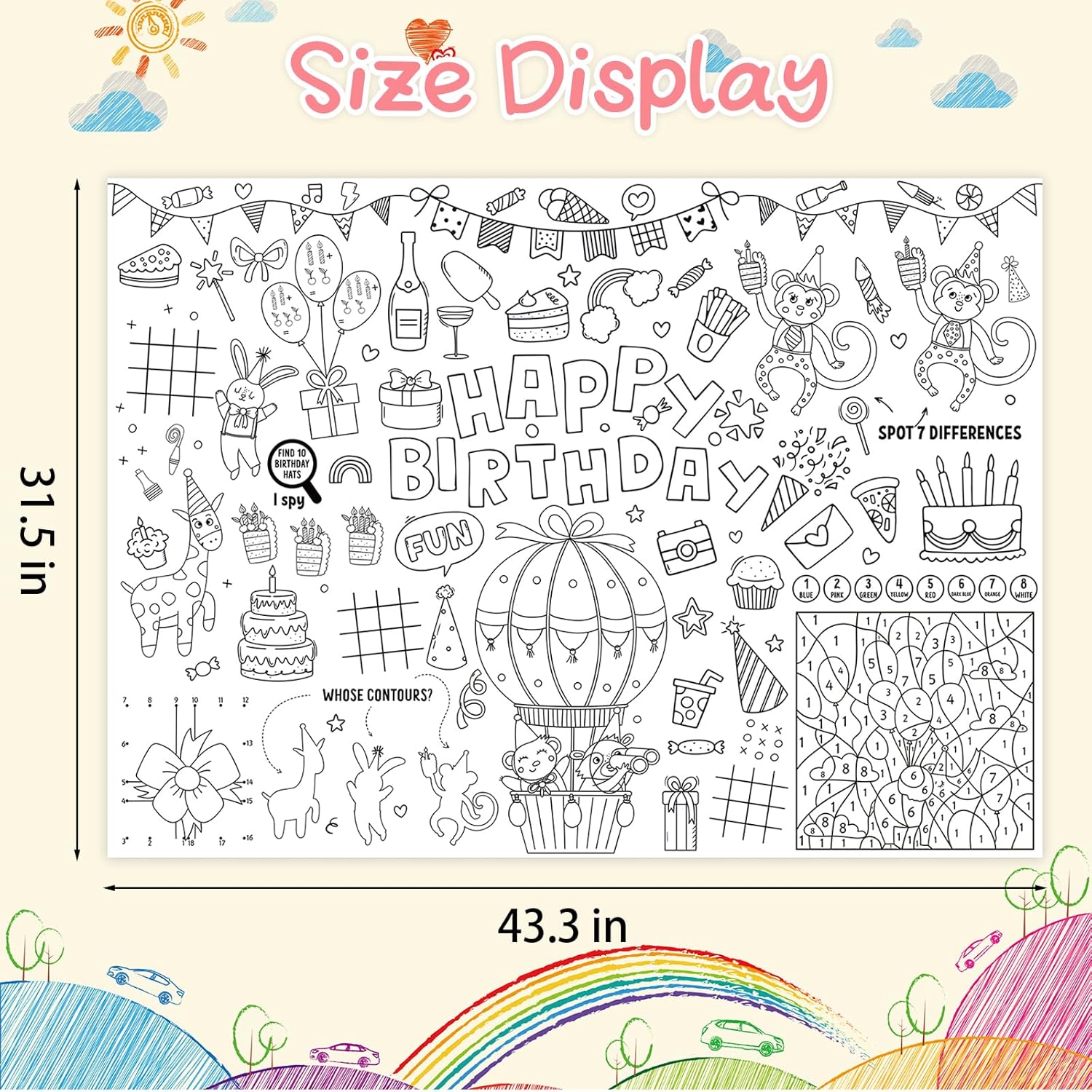 Happy Birthday Coloring Poster - Giant DIY Table Cover for Boys Girls - Paper Art Activity Tablecloth for Classroom Home