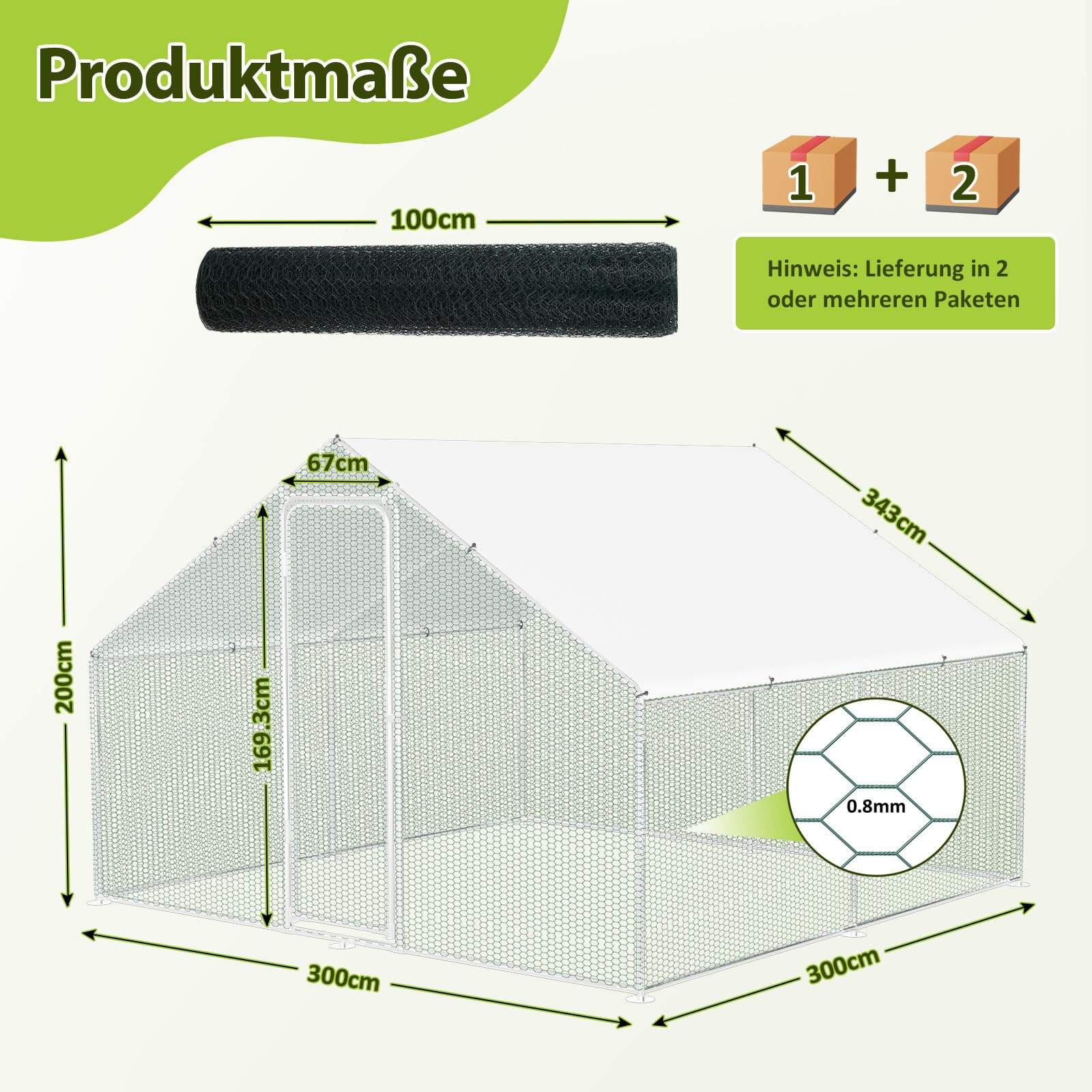 Poulailler pour chats et poules - Parc extérieur - 3 x 3 x 2 m - En acier galvanisé - Toit ombragé revêtu de PVC pour volaille, lapins, chiens