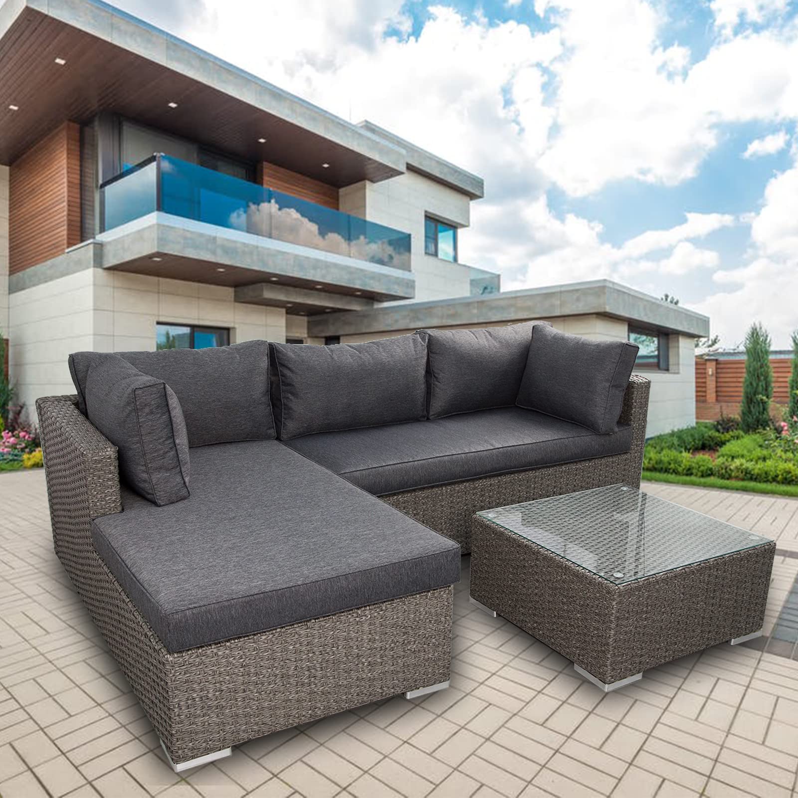AZRBOPO Rattan Garden Corner Sofa Set, 3 Piece Corner Outdoor Garden Lounge Set, L-Shaped Patio Garden Furniture Set with 10CM Soft Cushion, Tempered Glass Table - Fully Assembled - Gray