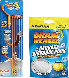 FlexiSnake Drain Weasel Sink Snake Hair Clog Remover Tool and Disposal Pods Cleaner/Deodorizer. Includes 5 Wands, Removable Handle and Pack of 5 Fresh Lemon Scent Pods