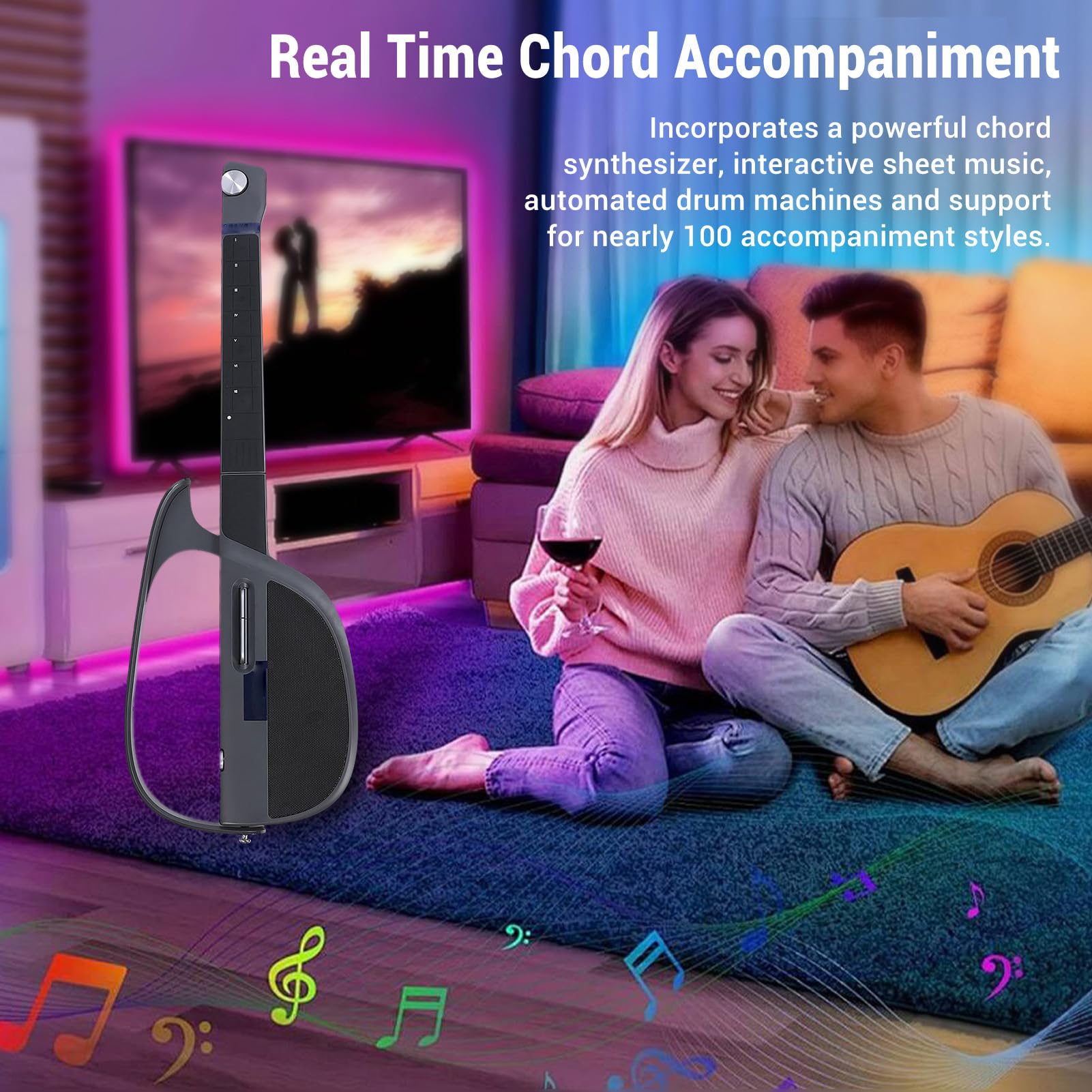 Smart Stringless Electric Guitar, C1 Foldable Automatic Accompaniment Guitar with Earphone Jack, Fusion Accompaniment Guitar with Storage Bag for Travel (Black Grey)